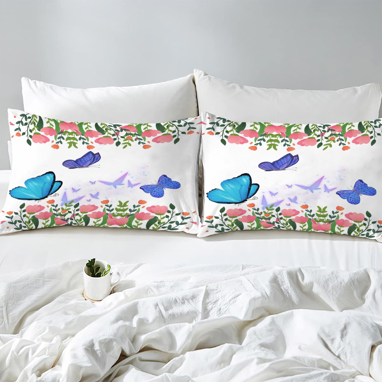 Delien Set Biancheria Da Letto 3 Pezzi 200x200 Cm, Motivo Floreale Blu E Bianco, Copripiumino Reversibile In Microfibra Con Cerniera E 2 Federe 80x80 Cm