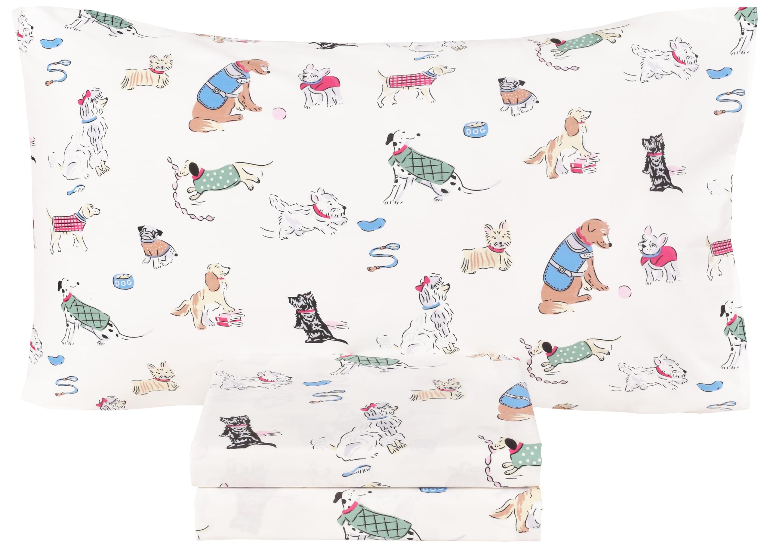 Scientific Sleep Puppy Dog 100% Cotton 3 Pcs Twin Bed Sheet Set Kids Toddler Teen, Flat Sheet &amp; Fitted Sheet &amp; Pillowcase Kids Bedding Set (Dogs)