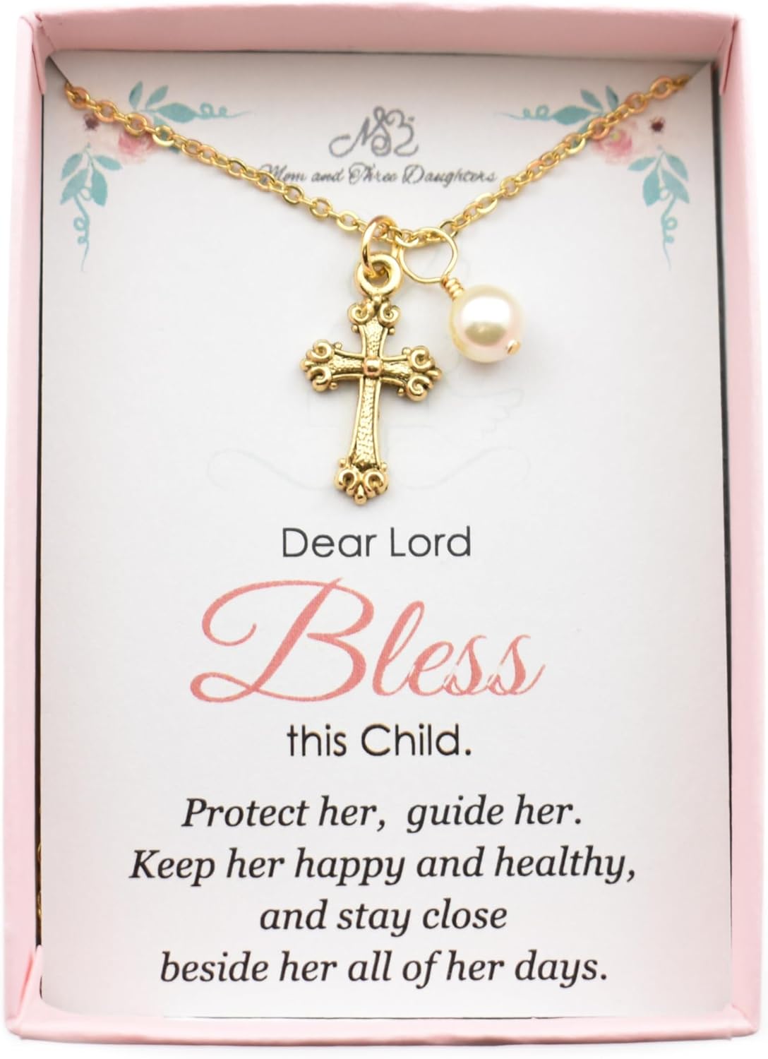 Little Girls Gold Cross Necklace with Crystal Pearl | 14" Plus 2" Extender Chain | Gift for Goddaughter | Baptism Jewelry | First Communion Gift