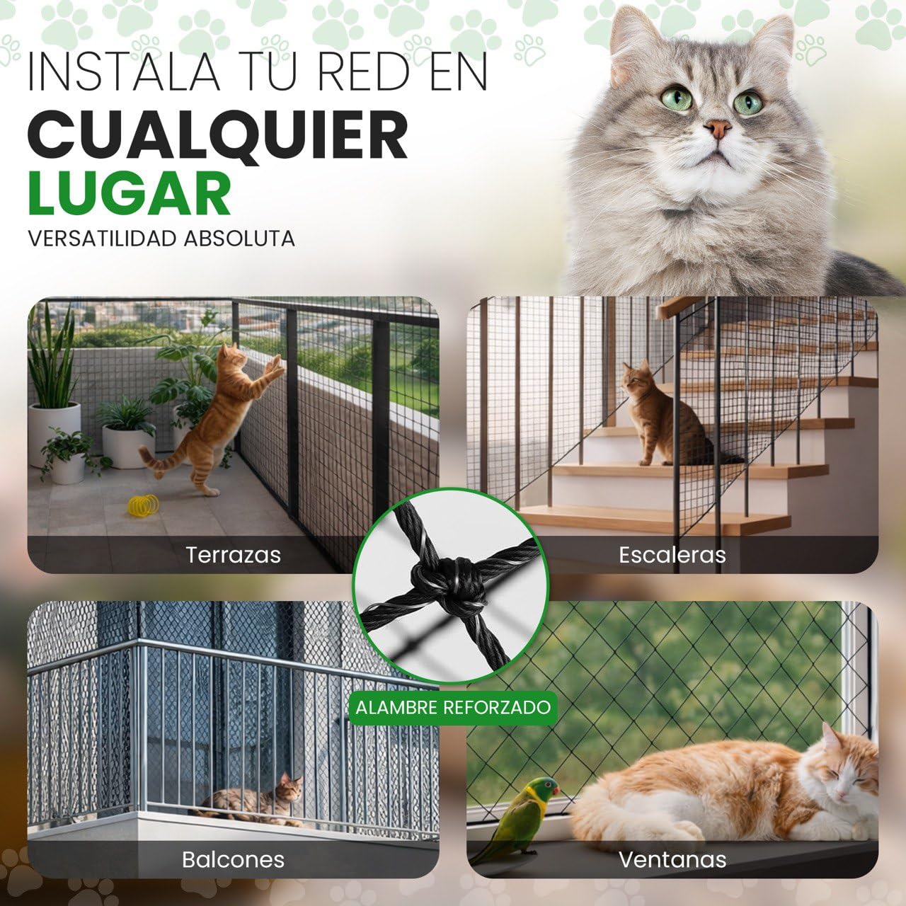 Red para Gatos Terraza 4x3m Reforzada I Malla Resistente y Duradera I Red de Proteccion para Gatos para Terraza, Balcon, Ventanas, etc.