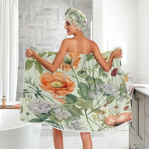 Miniatura 5 de Kigai Juego de 3 toallas de acuarela con diseño de flores para mujer, con cierre ajustable, bata de baño suave y ligera, con gorro de pelo seco y