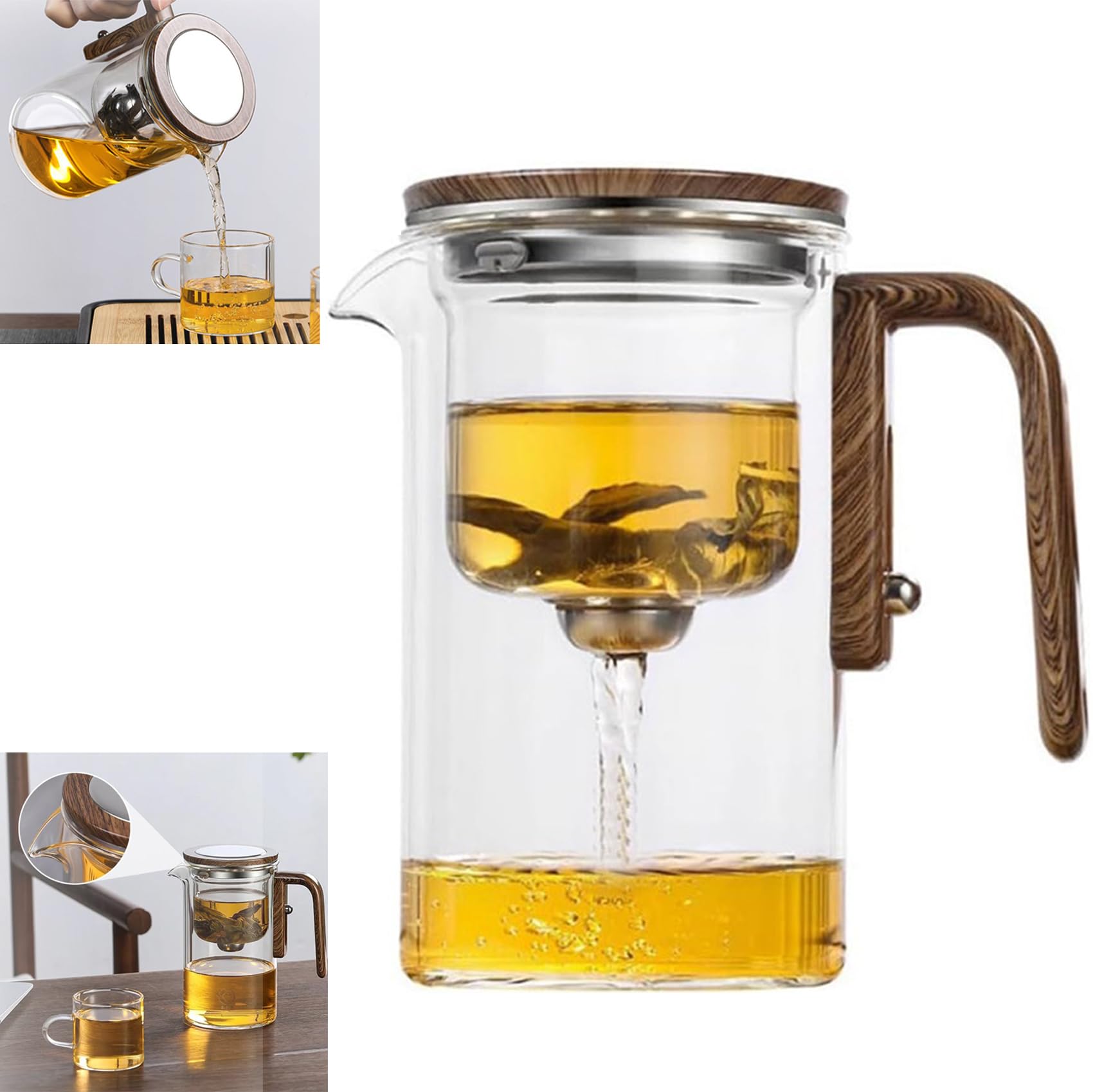 Water Separation Glass Teapot with Wooden Handle, Witchcraft Teapot, Magical Teapot with Infuser, Press Control Magical Teapot Glass, Glass Teapot, Magnetic Filter Teapot with Dual Infusers (720ml)