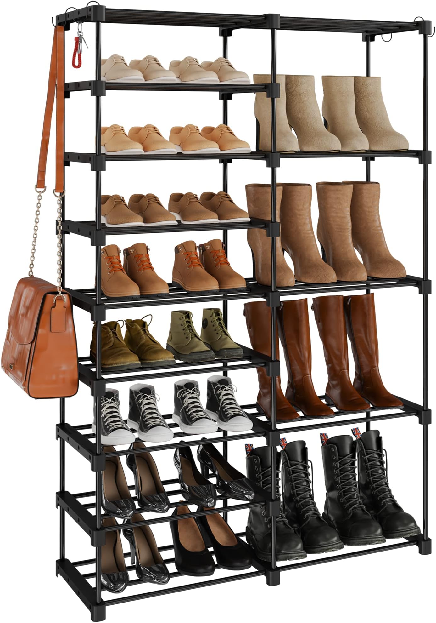 Tabiger 9 Tier Shoe Rack for Entryway 32-35 Pairs, DIY Stackable Metal Shoe Rack for Closet, Sturdy Shoe Organizer for Entryway, Shoe Shelf Closet Shelf Organizer with 4 Hooks, 55.6"x34.6"x12.2"