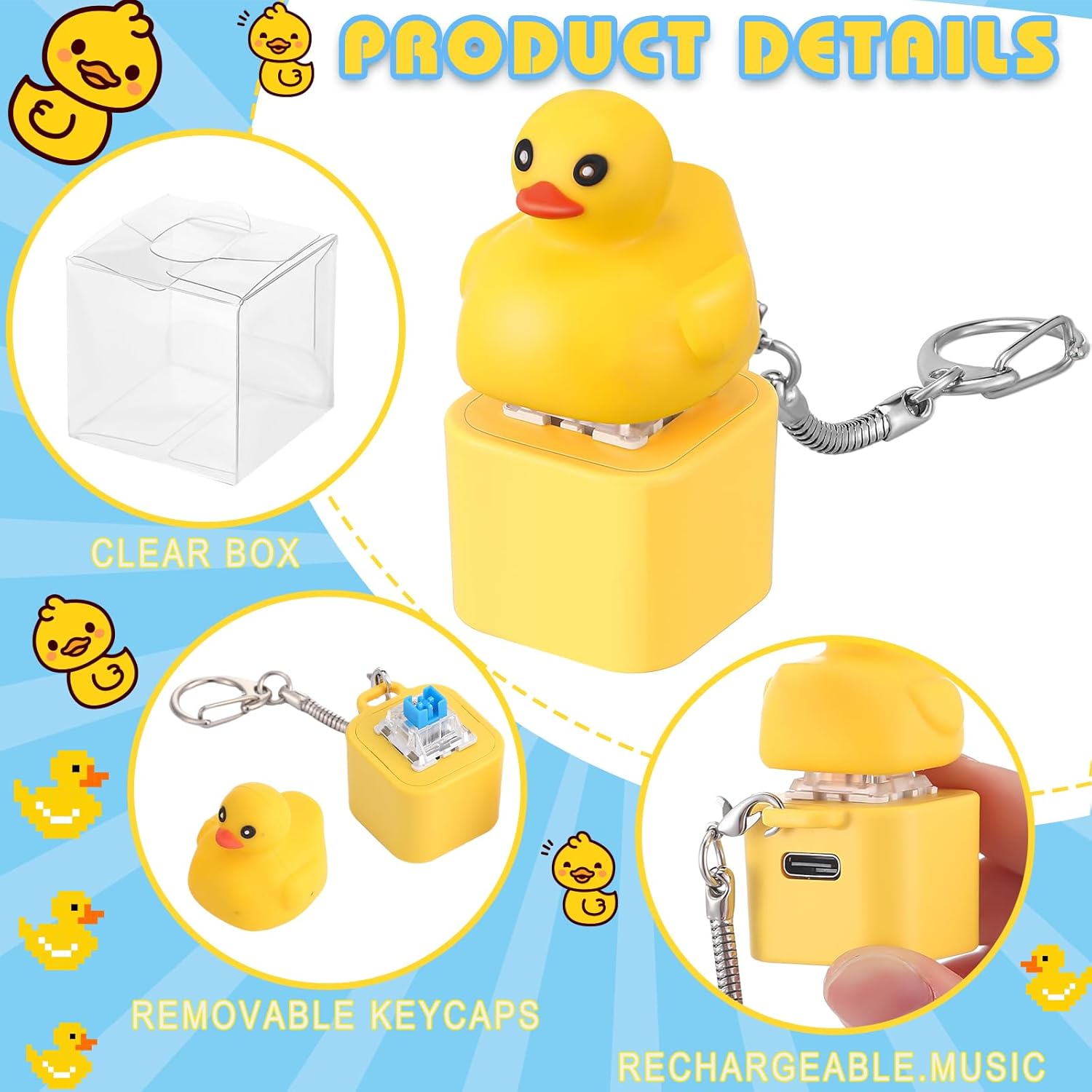 Simgoing 1 Pcs Quacking Duck Keychain Fidget Rechargeable Duck Keyboard Keycaps that Quack Fidget Keychains Fun Stress Anxiety Reliever Sensory with Colorful Lights Christmas Stocking Stuffers