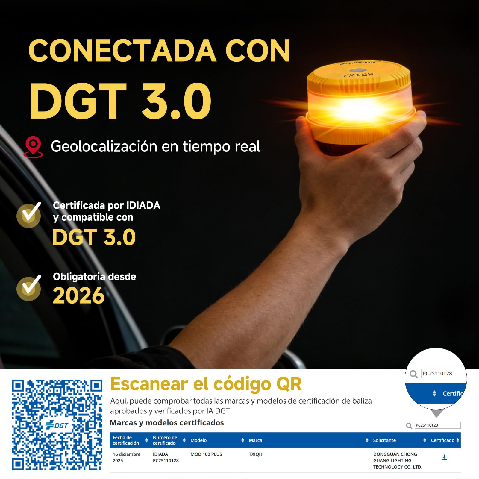 Baliza V16 Homologada DGT con Geolocalización y Conexión DGT 3.0, MOD100 PLUS LED 360°, IP54