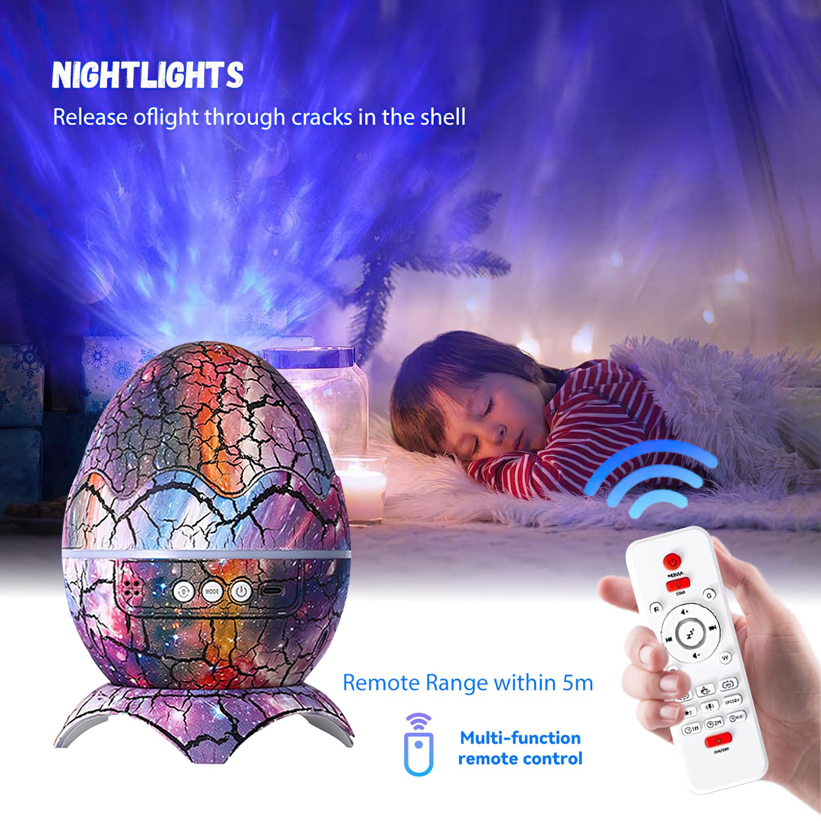 Dinosaurier-Projektor, Dinosaurier-Egg, 4-in-1-Projektor, Aurora Boreal, Bluetooth – Lautsprecher, Starlight-Projektor, Geschenk für Kinder mit Geräuschen, Weiß (blau)