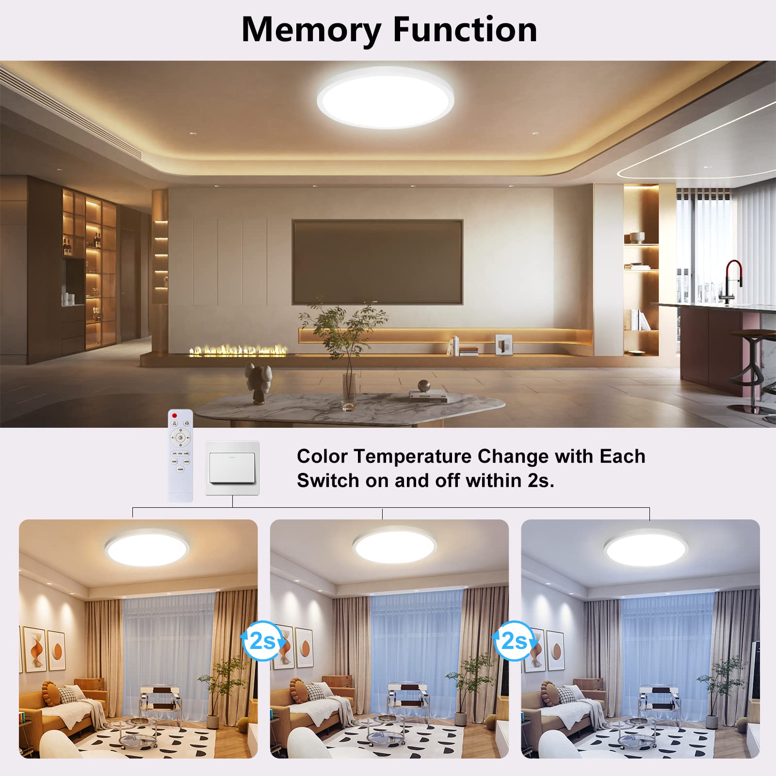 Luz de techo LED, con control remoto, luz ajustable 24w 3000k - 6000k, luz impermeable ip54, con retroiluminación rgb 7, adecuada para baño, cocina, vestíbulo, dormitorio, habitación infantil