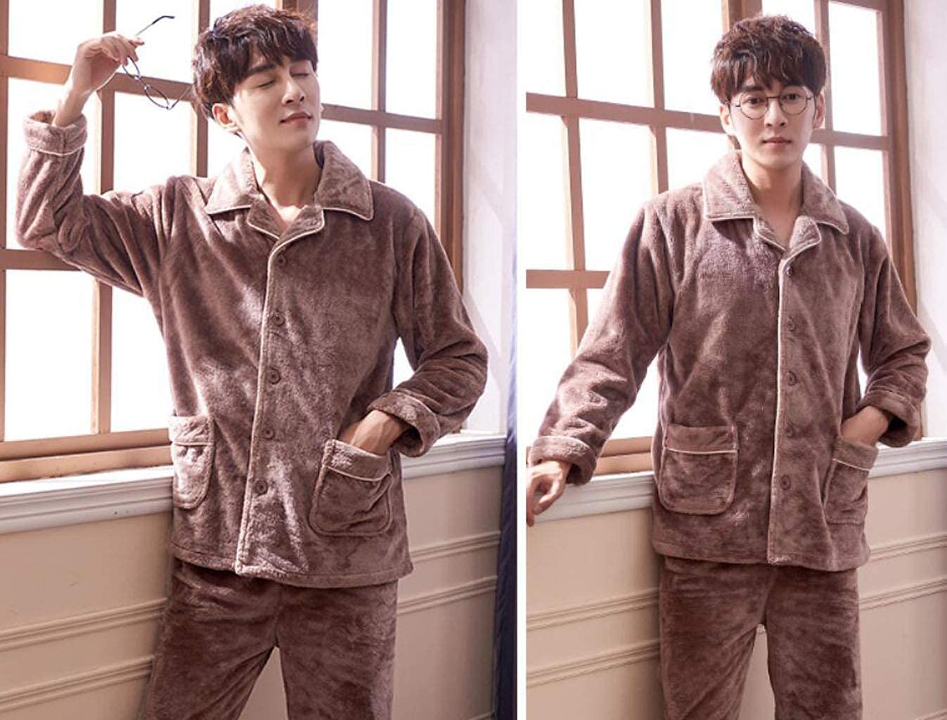 Pijamas Pijama para Hombre, Pijamas,Mobiliario for el hogar de Franela Gruesa y cálida de otoño e Invierno,Solapa de Color sólido con un cómodo Conjunto de Pijama