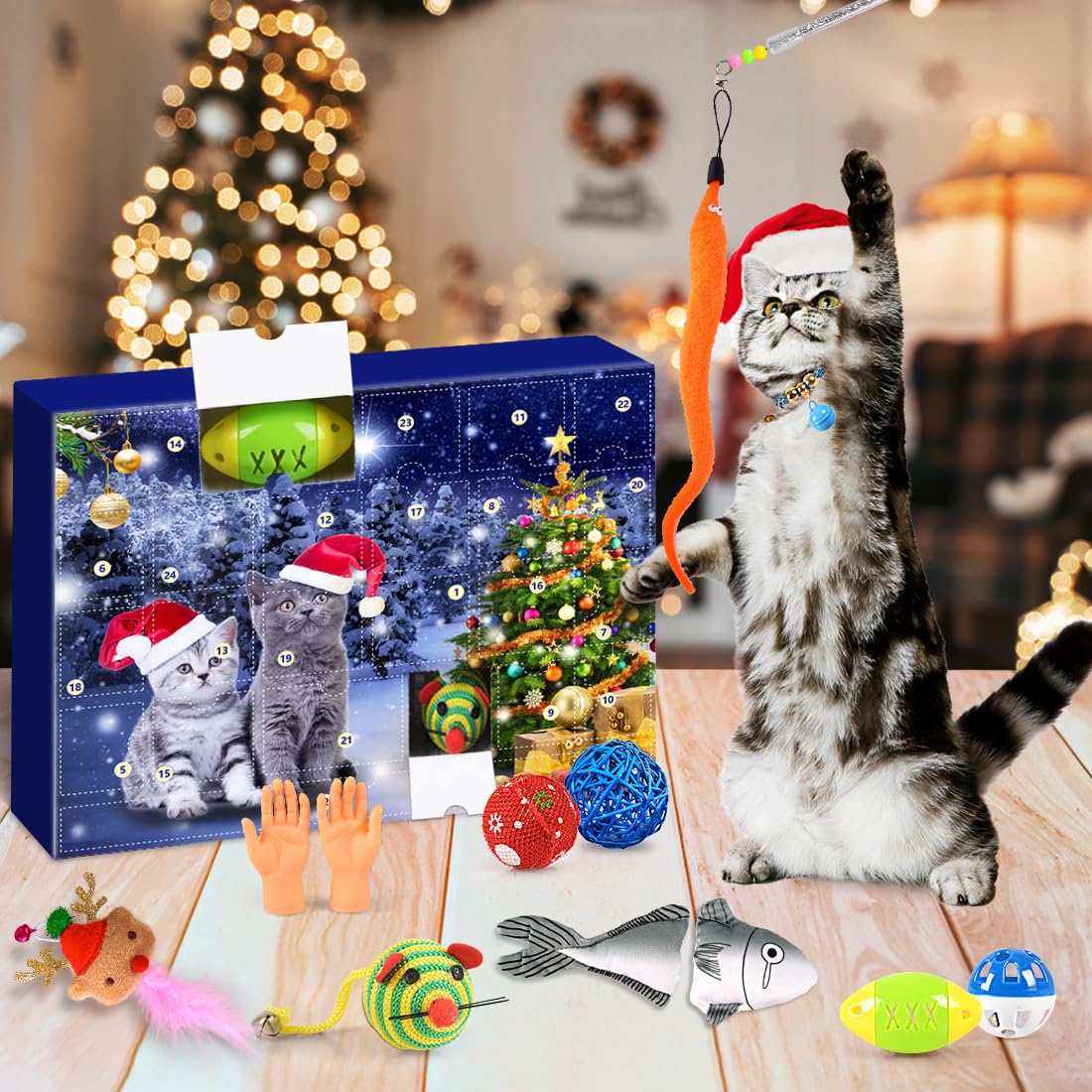 iZoeL Calendario Avvento 2024 Giocattolo Gatti, 24 Natale Gatto Collana Palla Giocattolo Topo Finto Pesce Campana - Regali Natale dell'Avvento per Gatto, Giocattoli Interattivi con Gatti per Interno