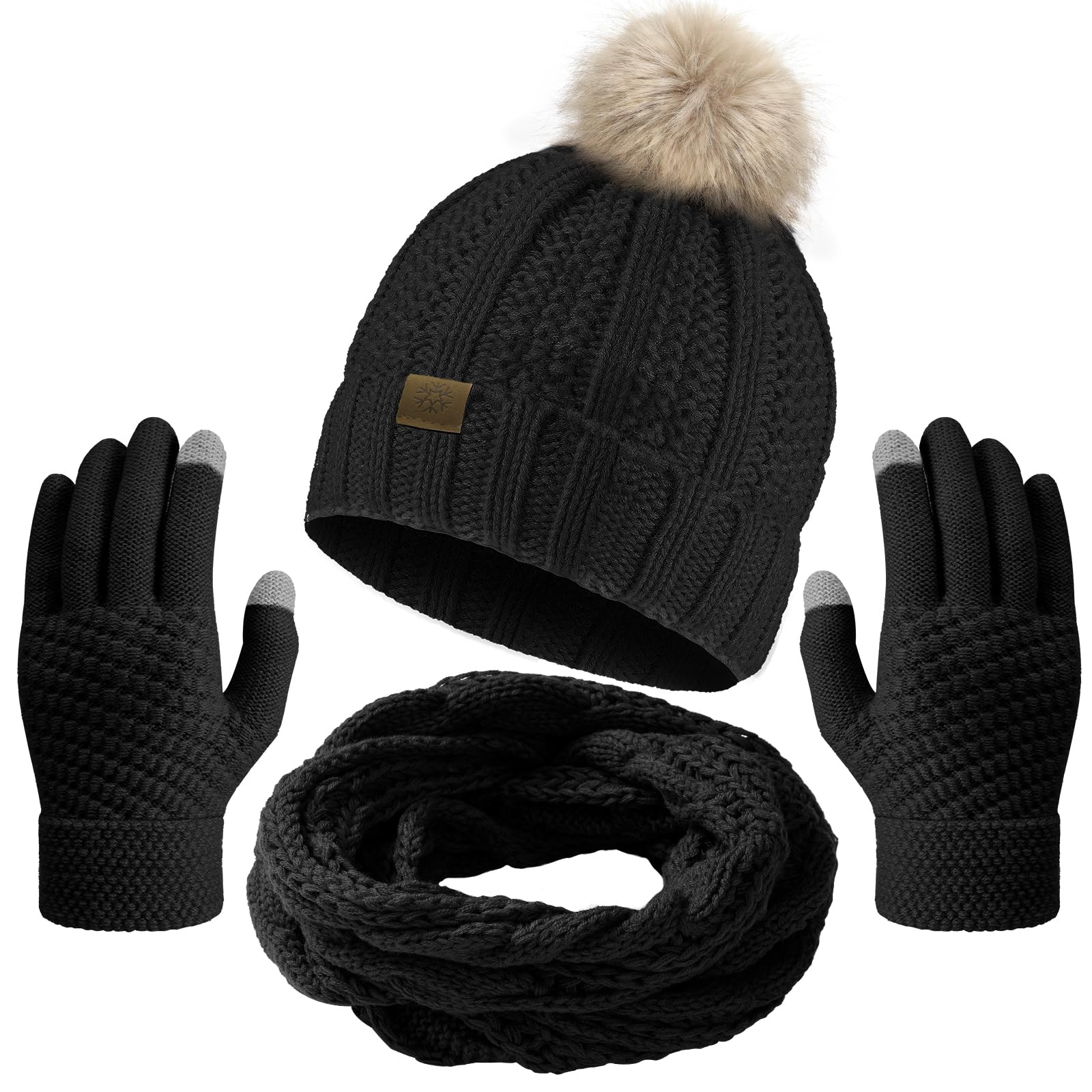 Passionbility Winter Beanie Hat Circle Scarf Touchscreen Gloves Set, Snow Knit Skull Cap, Warm Thick Fleece Lined Neck Warmer-image-38