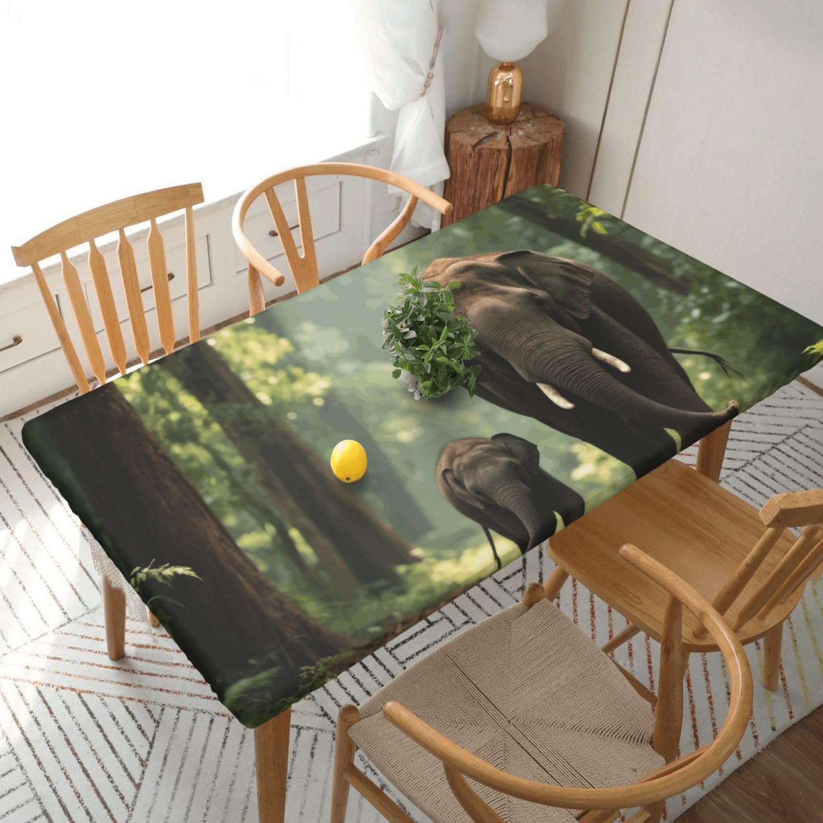 Fodpand Black Elephants Spandex Fitted Tablecloth For 5 Foot Rectangle Tables,Waterproof Picnic Table Cover Stretch Table Cloth Washable Table Protector For Picnic, Camping, Outdoor