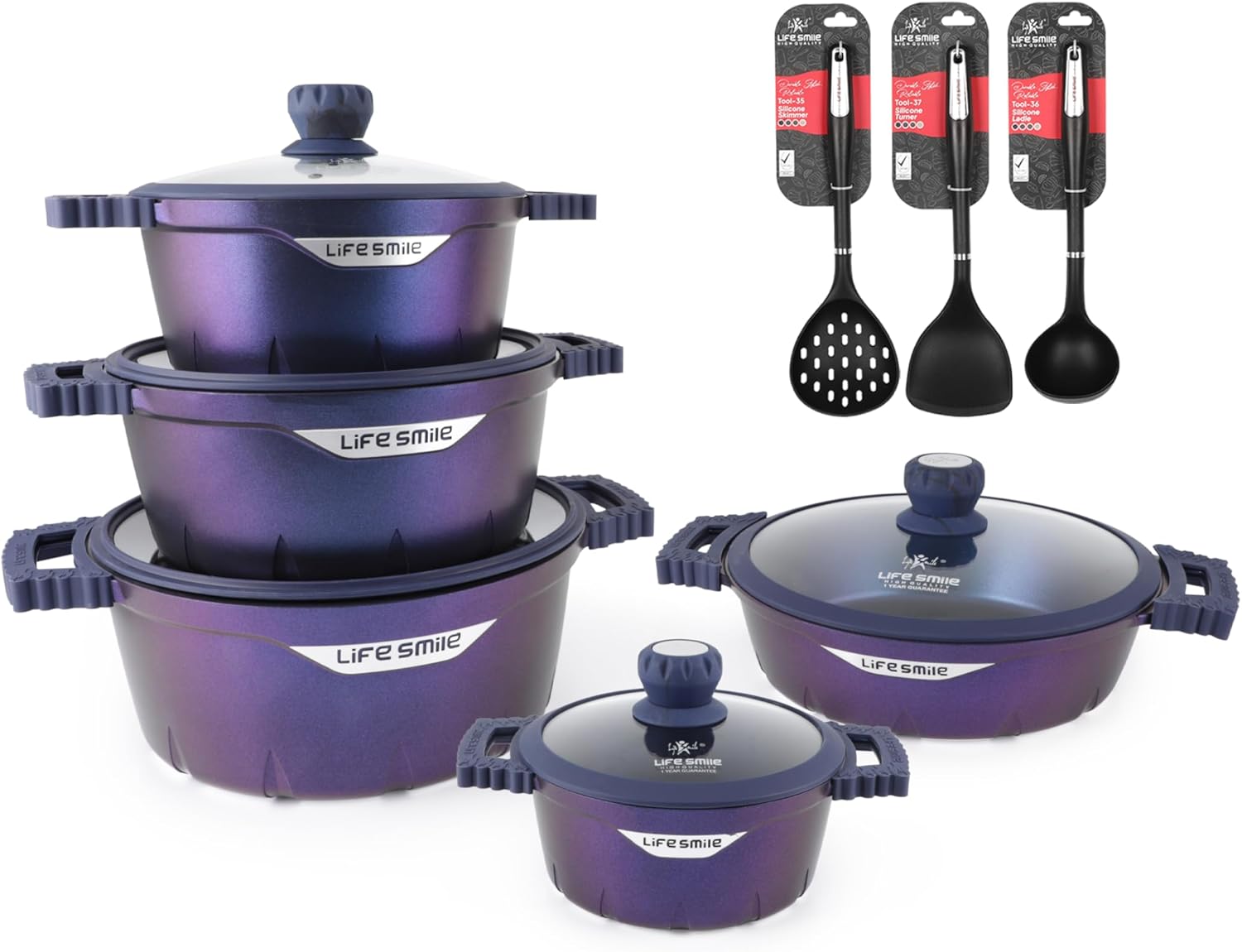 LIFE SMILE Cookware Set 23 pieces – Pots and Pans set Shine Granite Non Stick Coating 100% PFOA FREE, Oven Safe Cooking Set include Casseroles & Shallow Pot & Kitchen Utensils (Purple)