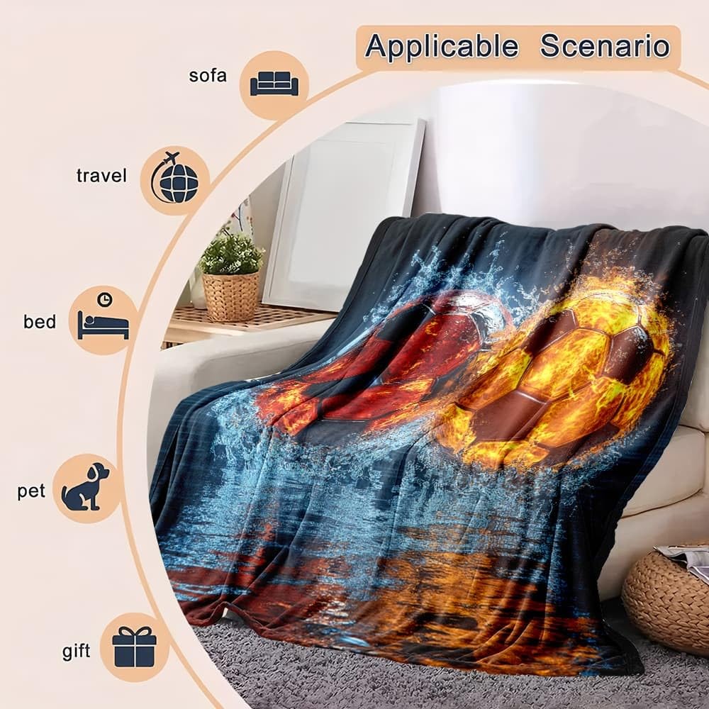 Koc termiczny XXL 180 x 220 cm Sport Płomienie Wodne Spraye Piłka nożna Polar Flanelowy Super miękki i miękki ciemnoniebieski koc polarowy do dekoracji sofy i łóżka