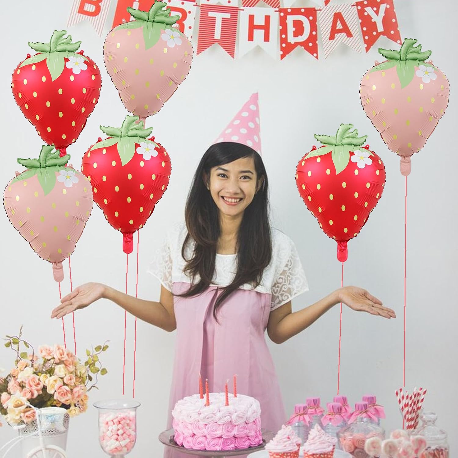Strawberry Balloons Cute Sweet Foil Mylar Balloons Fruit Themed Birthday Party Decorations Girls Kids Baby Shower Wedding Party Supplies
