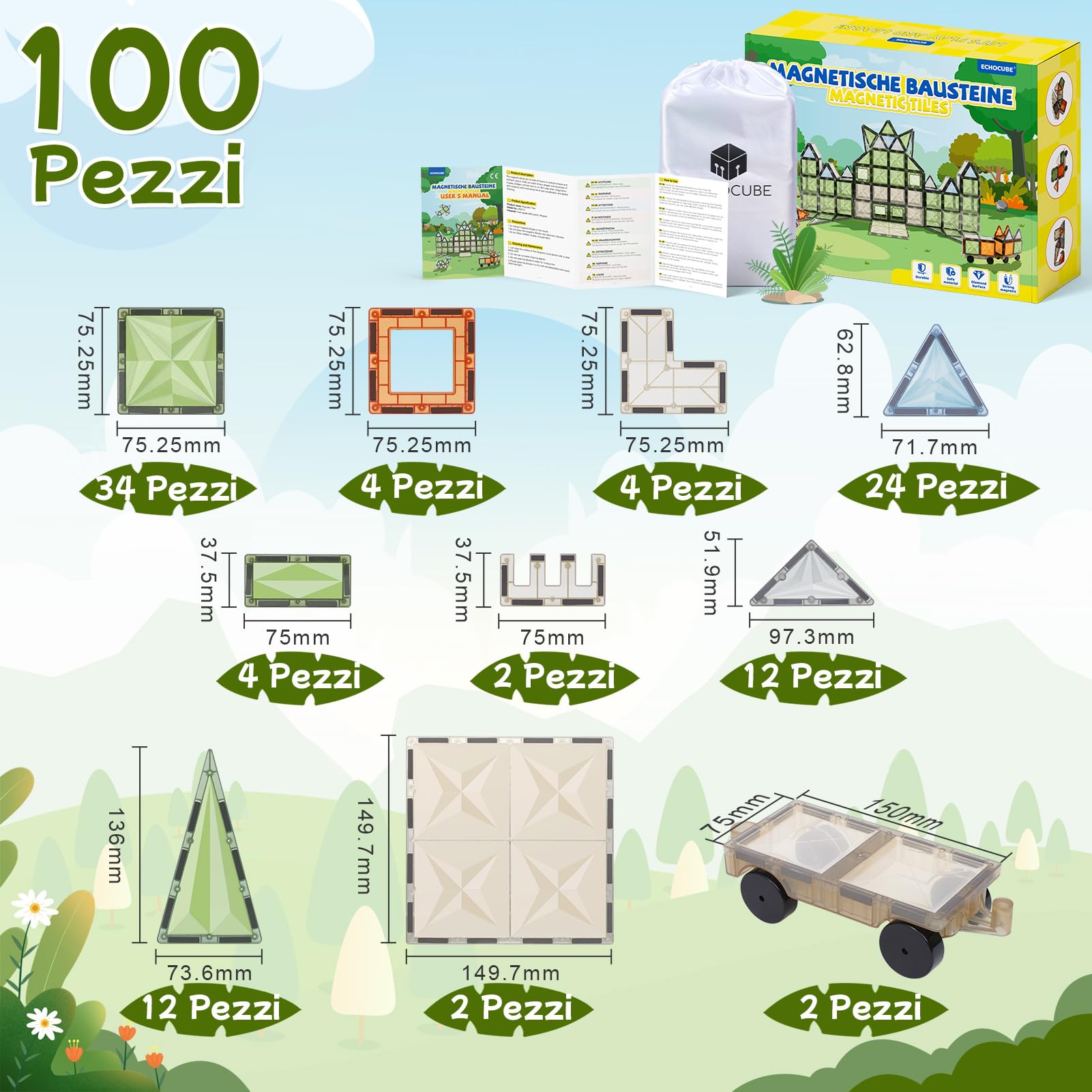 100 Pz di Magnetic Building Tiles, Set di Blocchi Magnetici in Colori Naturali con Veicoli Magnetici, Giochi Educativi per Regalo di Compleanno per Bambini dai 36 Mesi in su