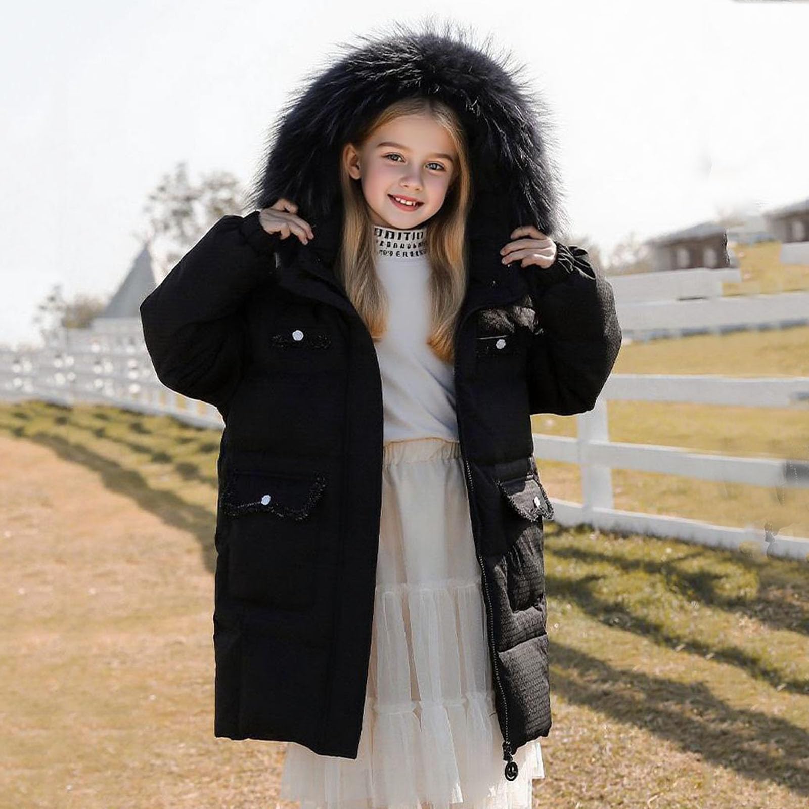 Chaquetas de plumón para niñas adolescentes con ribete de piel sintética con capucha, chaqueta acolchada gruesa, abrigo básico de color sólido, abrigo largo cómodo y cálido, abrigos térmicos