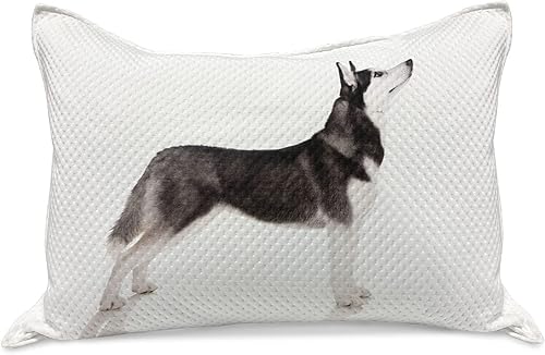 Ambesonne Alaskan Malamute Knitted Quilt Pillowcover, Alaskan Animal Arctic Canine Mammal Obedient Companion Portrait Purebred, Standard King Size