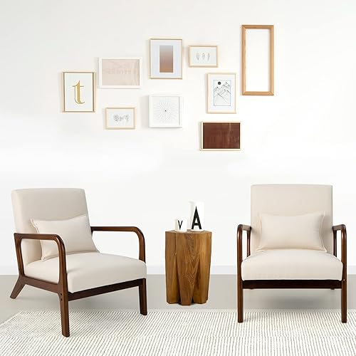 Miniatura 9 de KOTEK Silla decorativa moderna de mediados de siglo con almohada lumbar, sillón de lectura con marco de madera de goma, asiento y respaldo