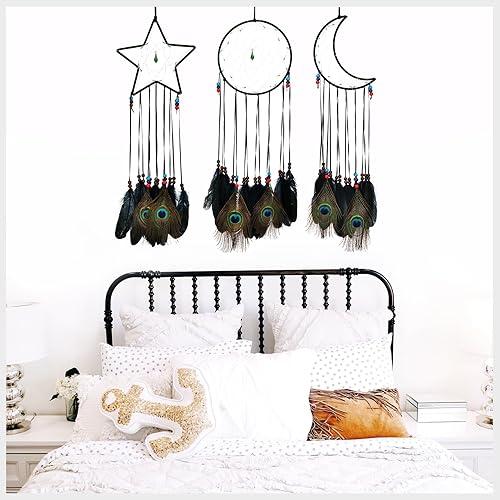 Miniatura 7 de FeelfunFeather 3 piezas de atrapasueños negros tradicionales con diseño de luna, sol, estrella y plumas negras y de pavo real para niños para colgar