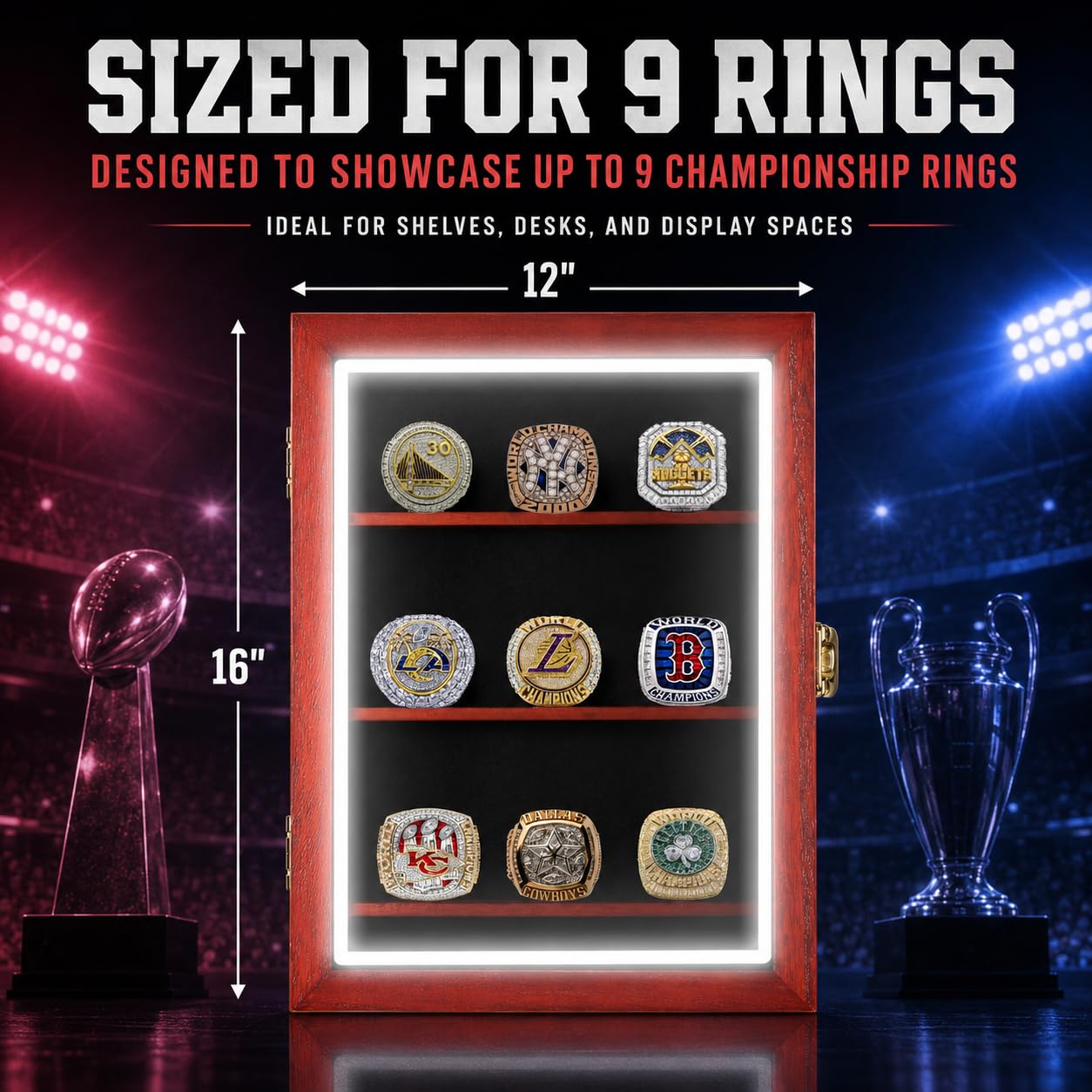 Vitrina de anillo de campeonato RGB LED – 9 anillos grandes de béisbol – Vitrina de exhibición de pared para almacenamiento de anillos, soporte de anillo de béisbol, sostiene anillos de