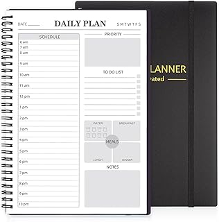 Daily Planner Undated, 7.3" x 10.2" To Do List Notebook Appointment Planner with Hourly Schedules Calendars Meal, B5 Spiral Today Planner Work Organizer with Pocket, Elastic Closure, Black