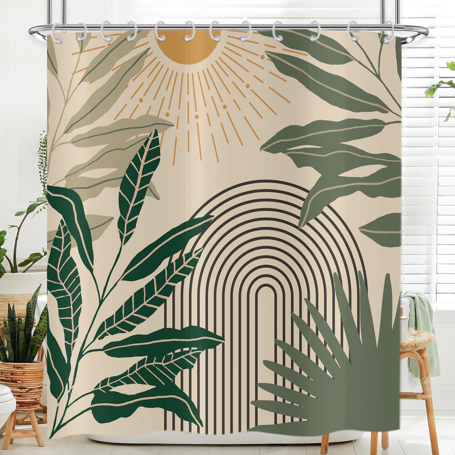 Hnmdmyi Boho Shower Curtain 240x180, Mid Century Abstract Green Leaves Modern Sun Minimalist Aesthetic Geometric Bathroom Shower Curtains Waterproof Polyester Fabric Washable Bath Curtains with Hooks
