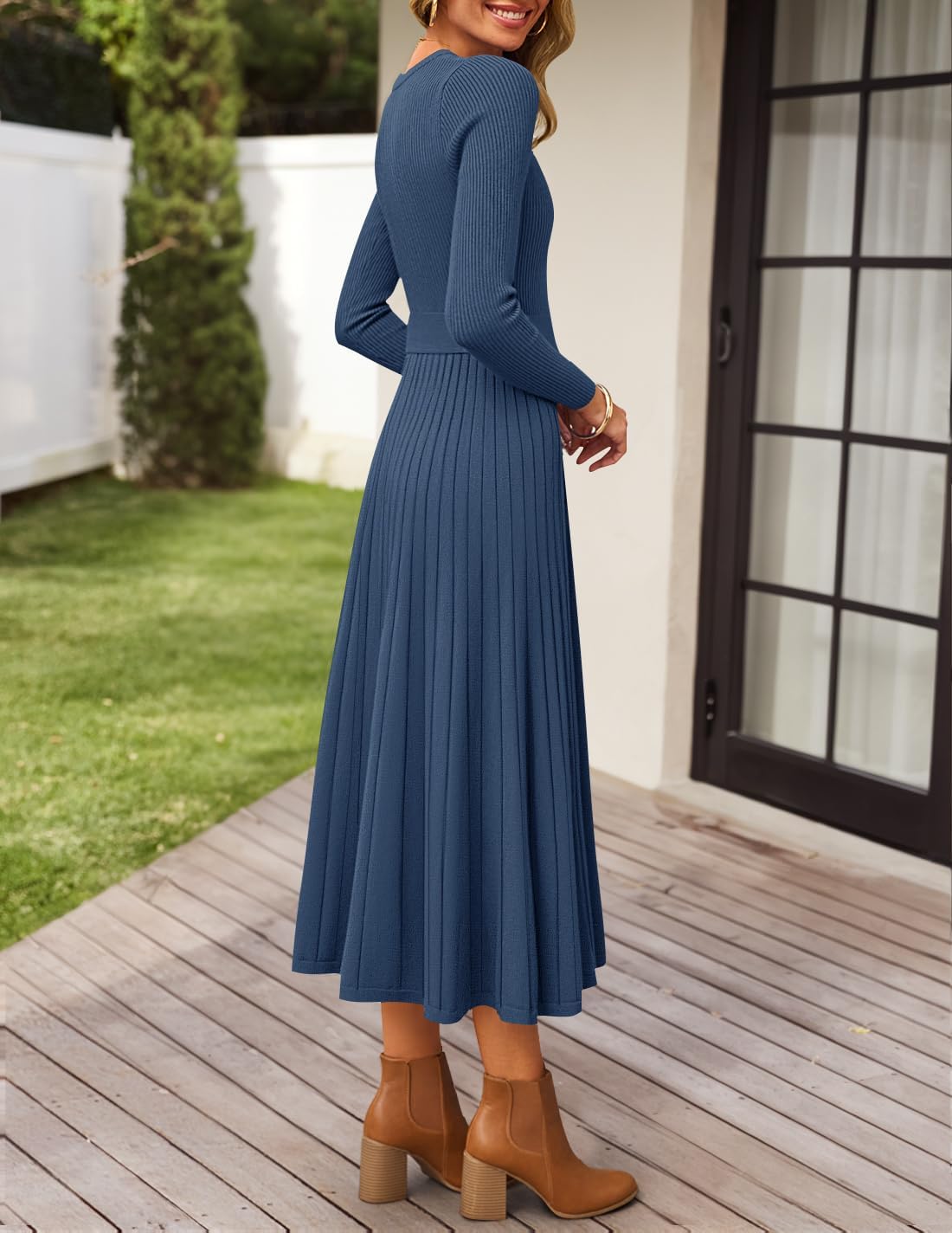 ZESICA Women's Long Sleeve Midi Sweater Dress 2026 Fall Crewneck Knit A Line Pleated Flowy Long Dresses with Belt - Image 5