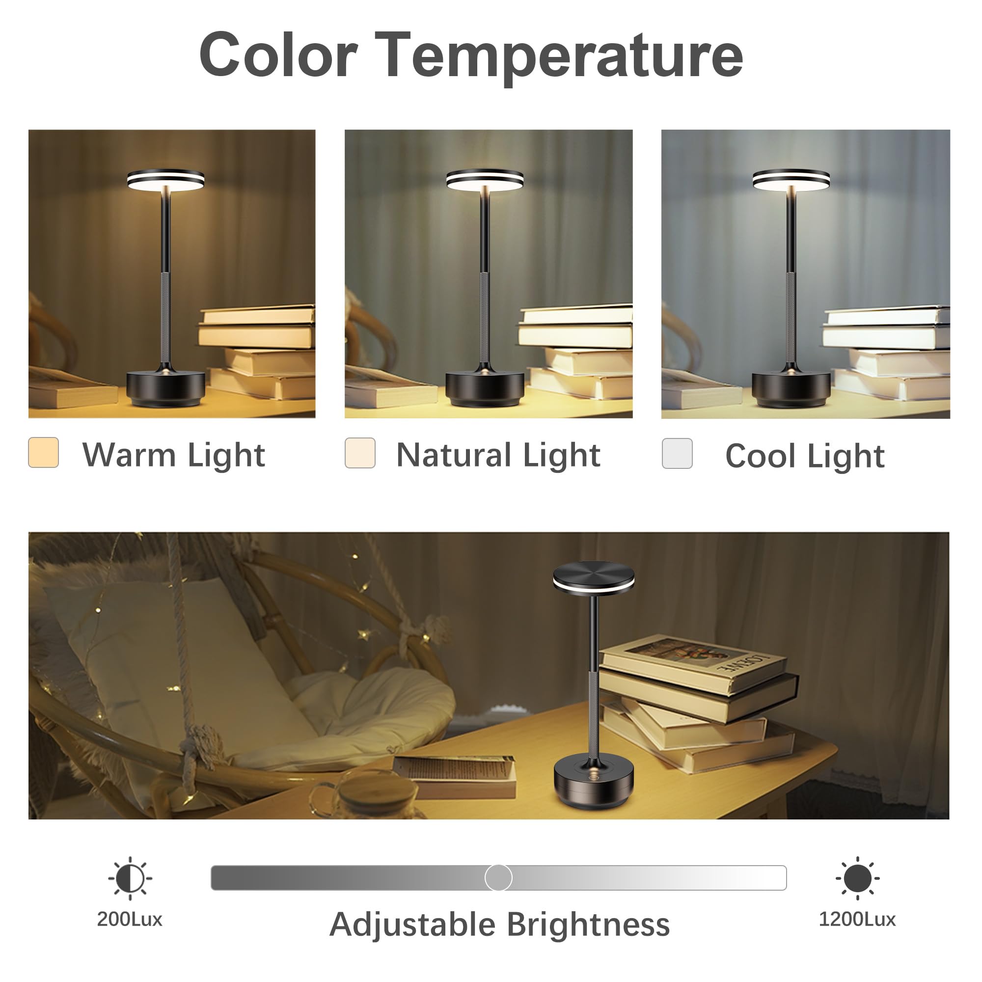 LED Akku Tischlampe, Modern Dimmbar 5000mAh Tischleuchte 2 Stück | tischlampe USB Aufladbar, 3 Farbtemperatur für Outdoor Indoor Restaurant Nachttisch Terrasse, Aluminium Schwarz