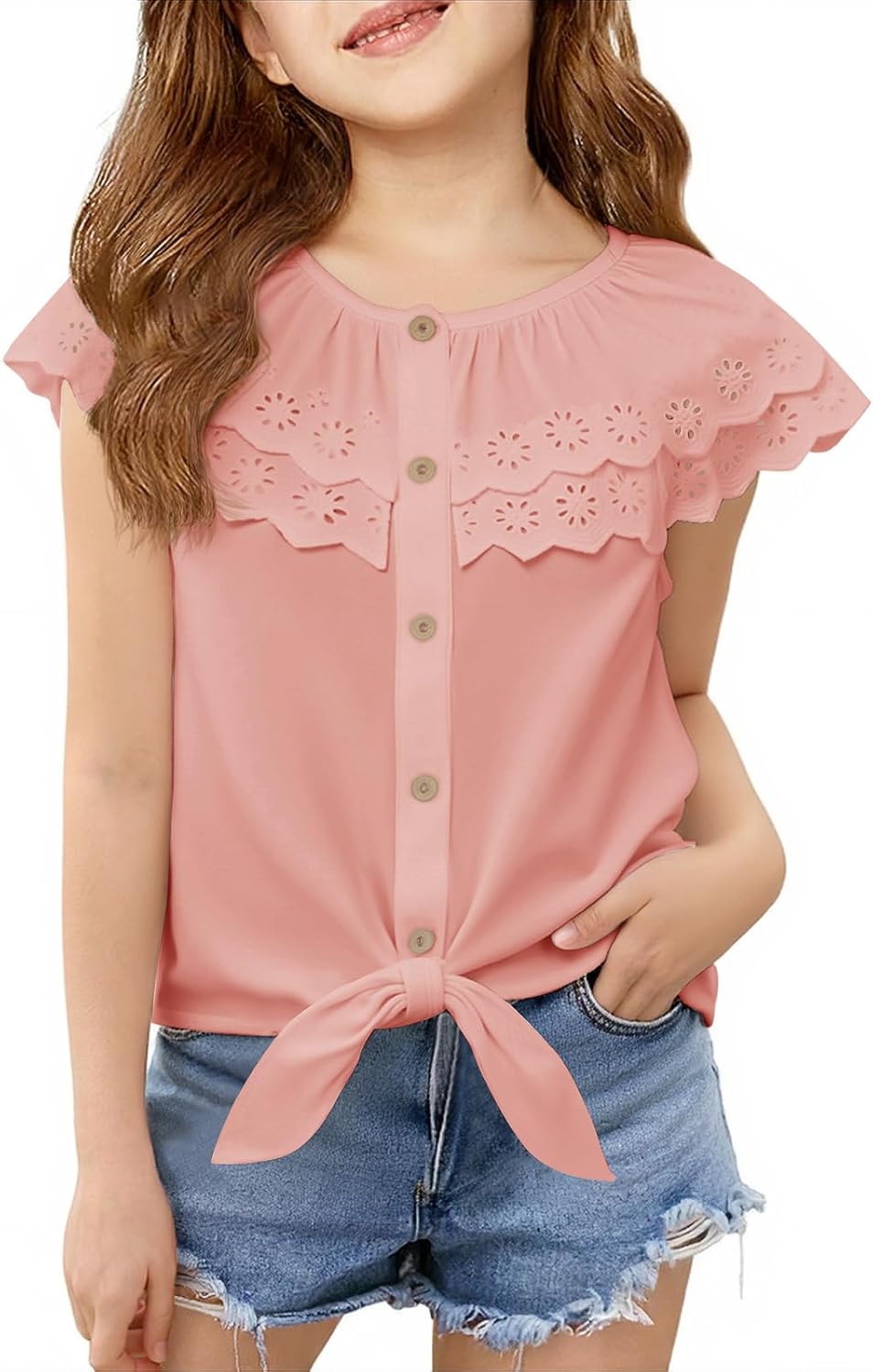 Haloumoning Girls Sleeveless Button Down Shirts Kids Cute Ruffle Doll Collar Blouse Tie Front Tops 5-14Y