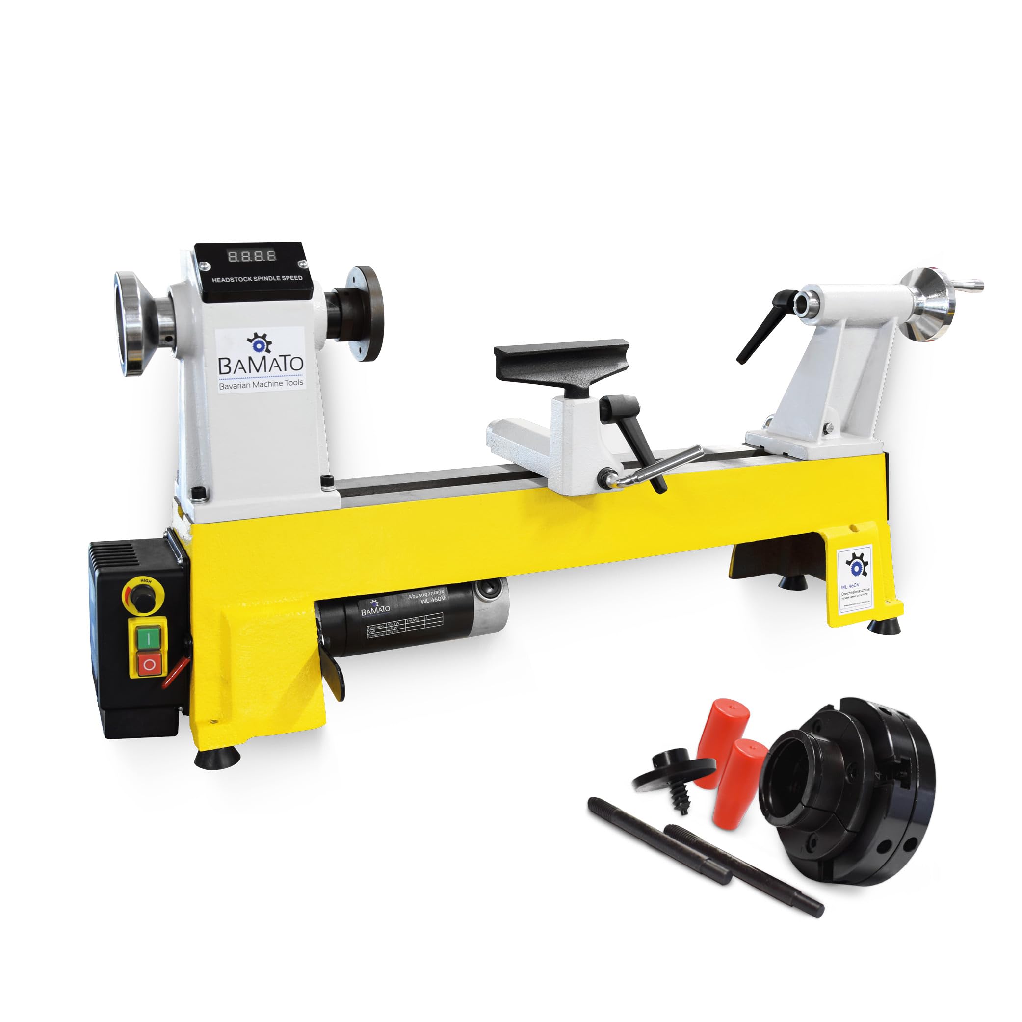 BAMATO Drechselmaschine WL-460V_SET1 | inkl. mit 4-Backenfutter | 550W Leistung | M33 Geweindeaufnahme | MK2 Konus | 153mm Spitzenhöhe
