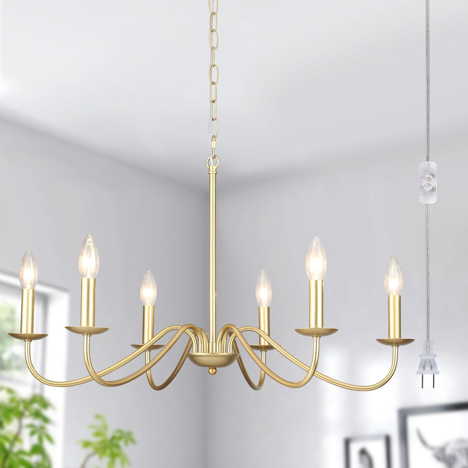 Plug in Chandelier, 6 Light Farmhouse Chandelier for Dining Room, Plug in Gold Chandeliers, Pendant Light Hanging Light Fixture with Plug in Cord 15.1ft & Switch for Living Room Bedroom Foyer