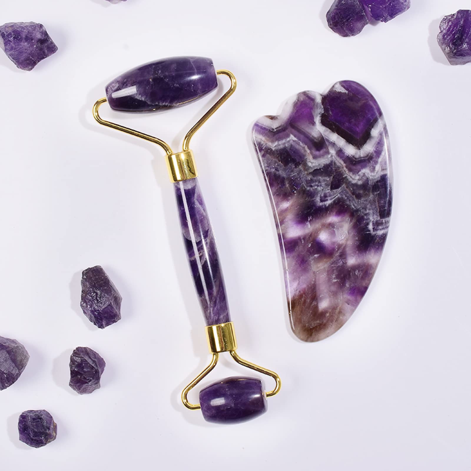 Masajeador de Amatista, Rodillo Facial de Piedra Natural, Conjunto de Herramientas Gua Sha, Masaje de Cristal raspado, 2 uds. Inicio Colecciones