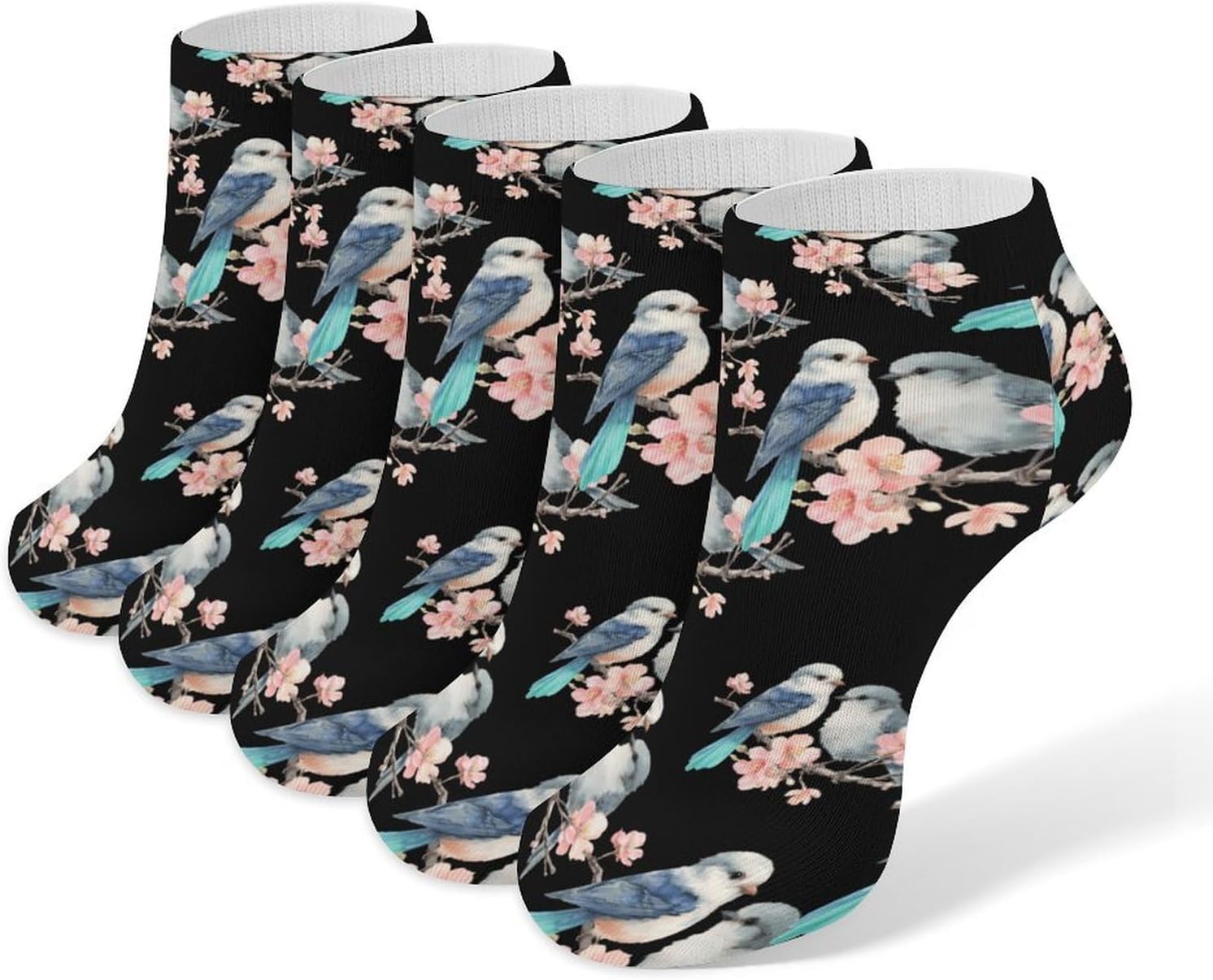Birds on A Branch No Show Ankle Socks Low Cut Non Slip Flat Boat Line 5 Pairs Set