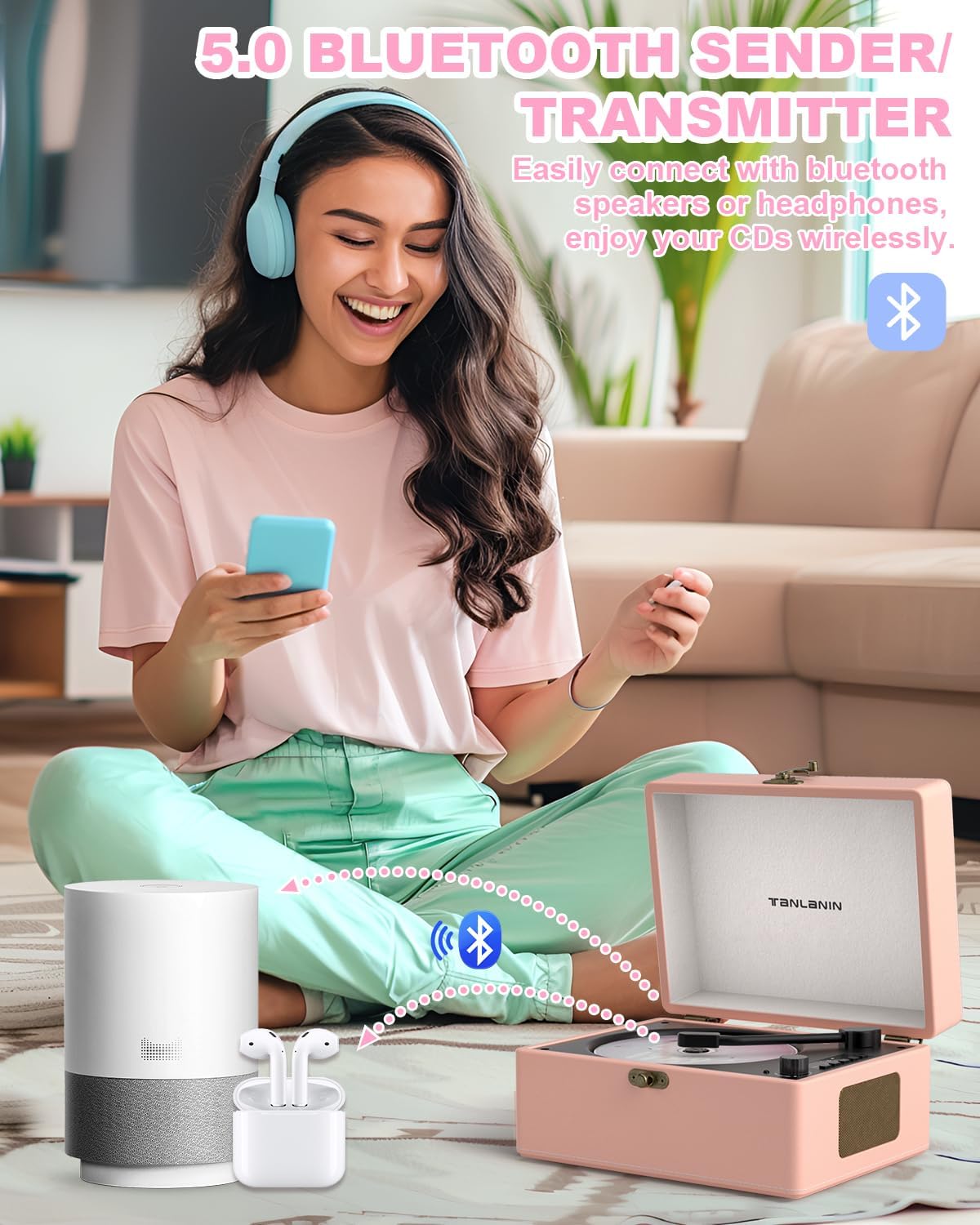 CD Player Portable for Home with Upgraded Speakers Bluetooth in/Out Rechargeable Desktop CD Player with LED Screen Boombox Music Player Peach Pink