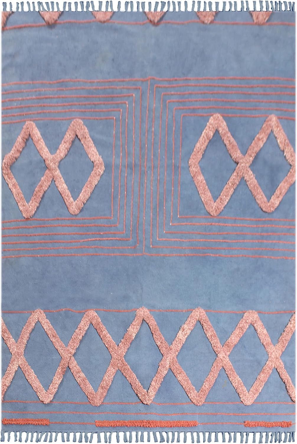 Tapis Kilim géométrique bleu et rouge - Dhurrie en coton 0,5cm lavable