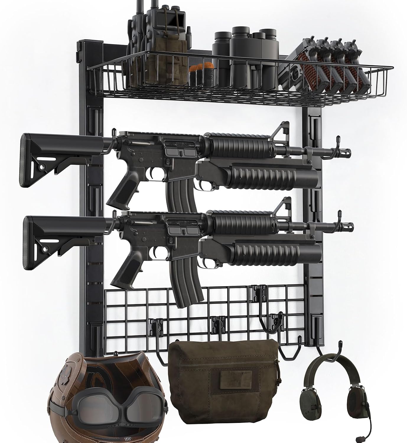 Gun Rack Wall Mount with Storage Basket, Indoor Gun Rack for Wall, Heavy-Duty Gun Display Holder Horizontal for Rifle/Shotgun, Come with 10 Hooks for Other Tactical Gears