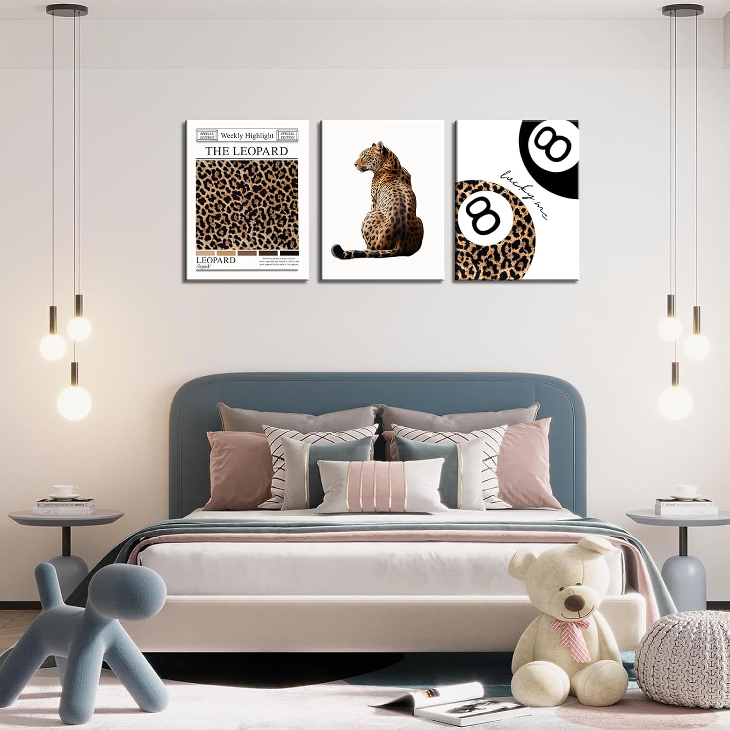 Set of 3 Trendy Leopard Canvas Wall Art Funky Lucky 8 Ball Posters Prints Preppy Room Aesthetic Cheetah Wall Decor Pictures for Girly Bedroom Apartment Dorm 12x16in