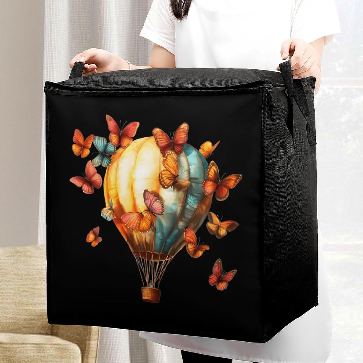 Butterfly Hot Air Balloon Large Comforter Blanket Storage Bags Bins 70L Closet Organizer with Handles