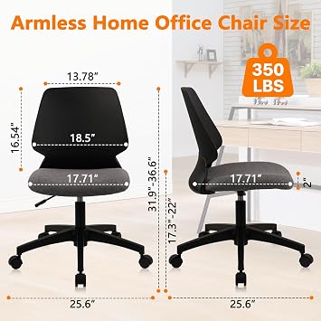 CLATINA Armless Home Office Chair, Ergonomic Small Desk Chair with Wheels and Soft Thick Upholstered Cushion, Comfy Adjustable Height Swivel Computer Task Chair for Conference Waiting Meeting, Black