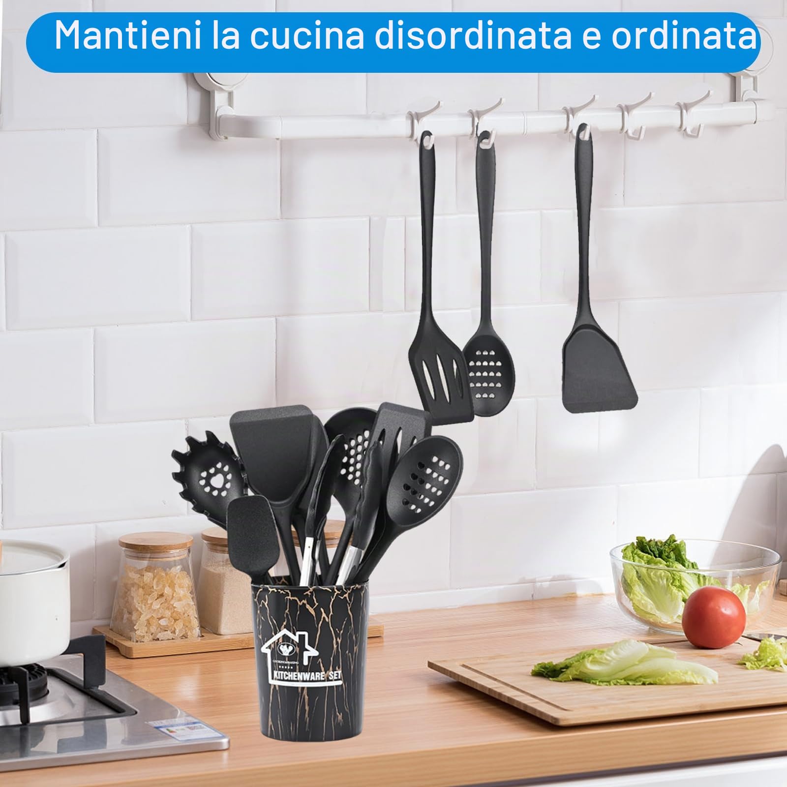 Binnan Utensili da Cucina in Silicone, 44 Pezzi Utensili da Cucina con Secchio Portaoggetti, Resistente al Calore Antiaderenti, Lavabile in Lavastoviglie (Nero)