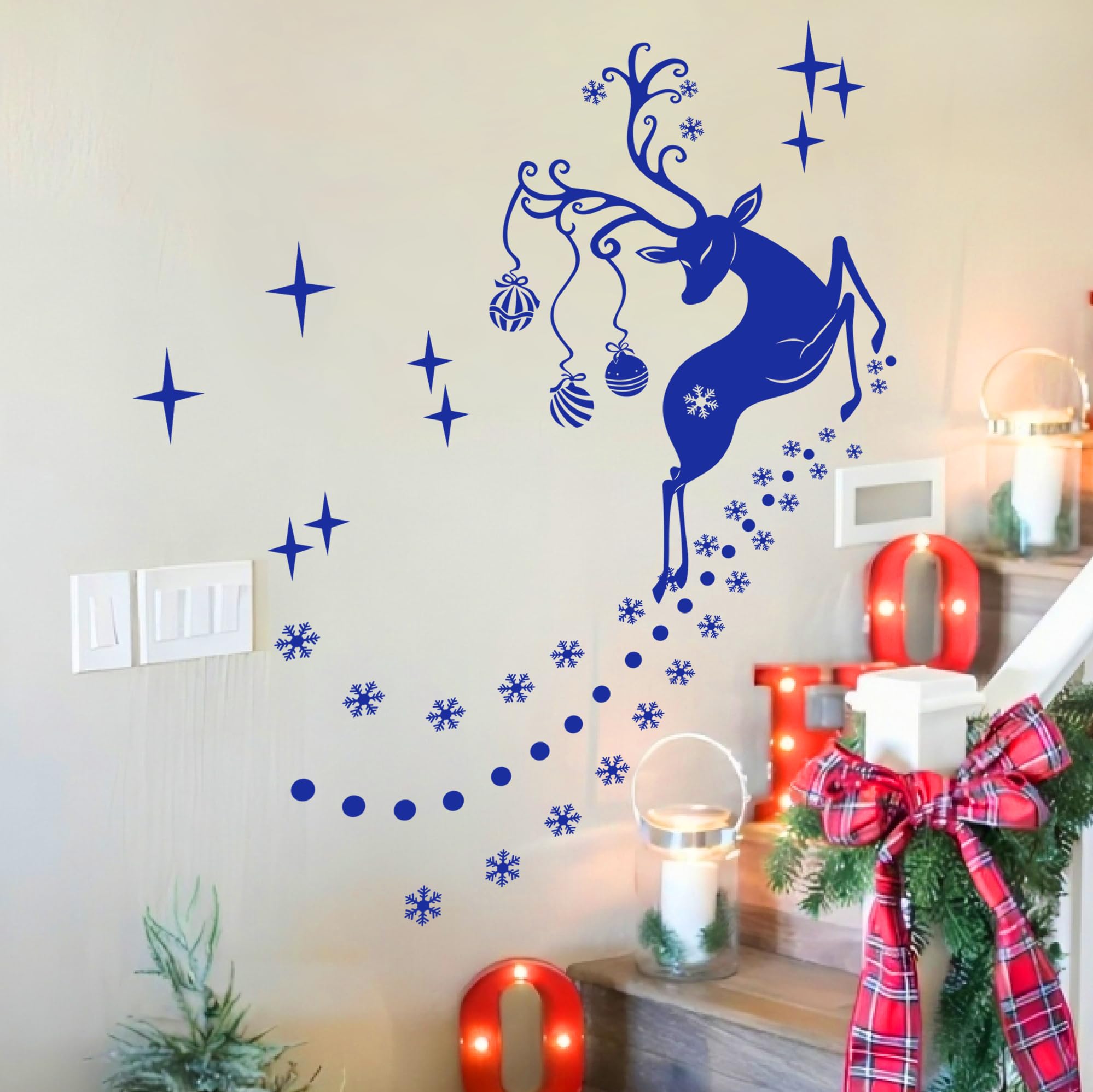 Durable Vinyl Christmas Wall Stickers, Double Sided Santa Reindeer Snowflake Decorations, Removable 55x80cm Rudolf Xmas Window Decals for Home Office Shop Party Décor, for 1.5-2M Wall, Vivid Blue