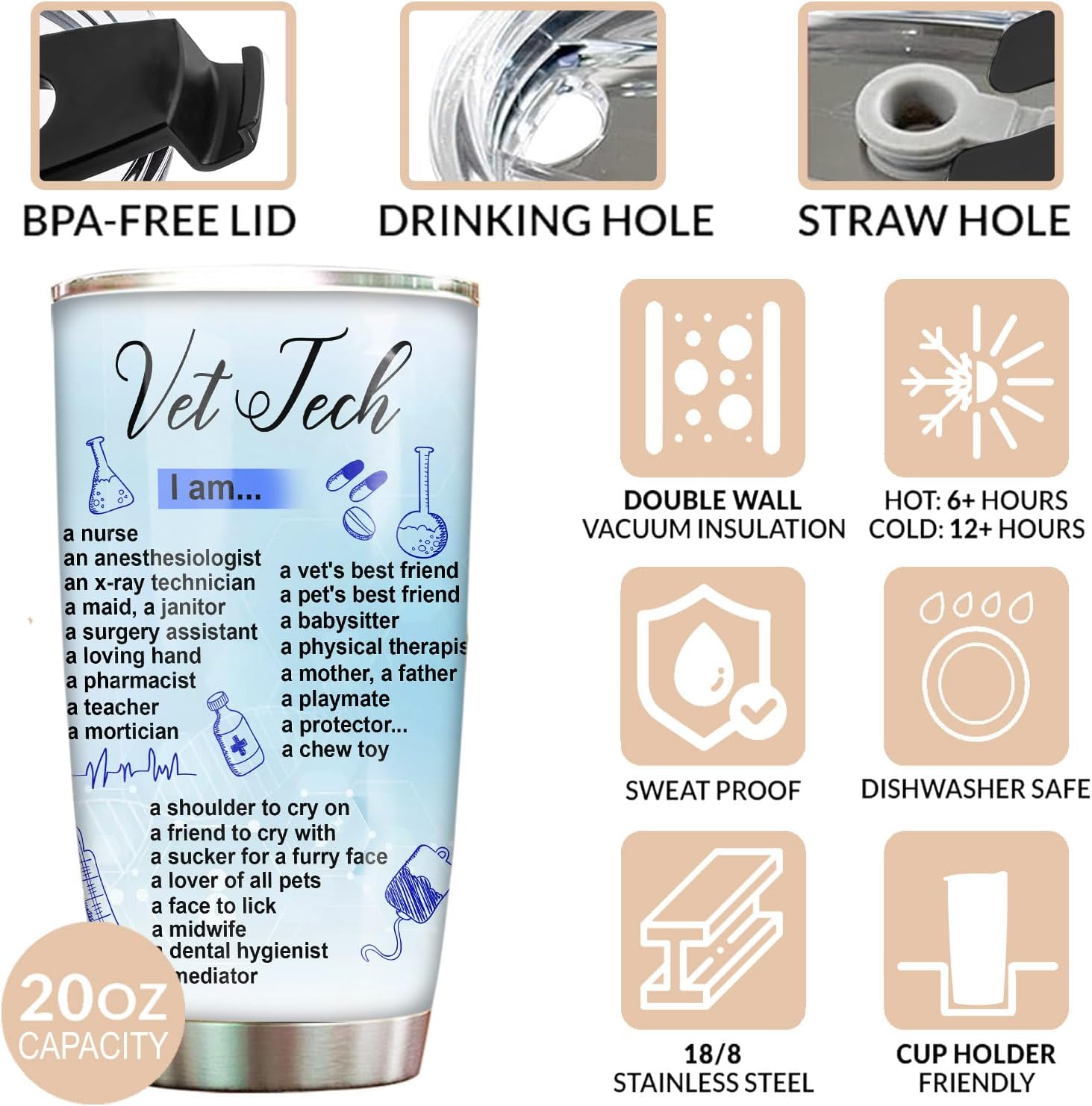 Funny Vet Tech Gifts - Vet Med Tumbler Stainless Steel 20oz Straw Lid, Veterinary Gifts For Women Men, Vet Tech Appreciation Week Gift For Student Technician Assistant Coffee Cups (VM01) - Image 3