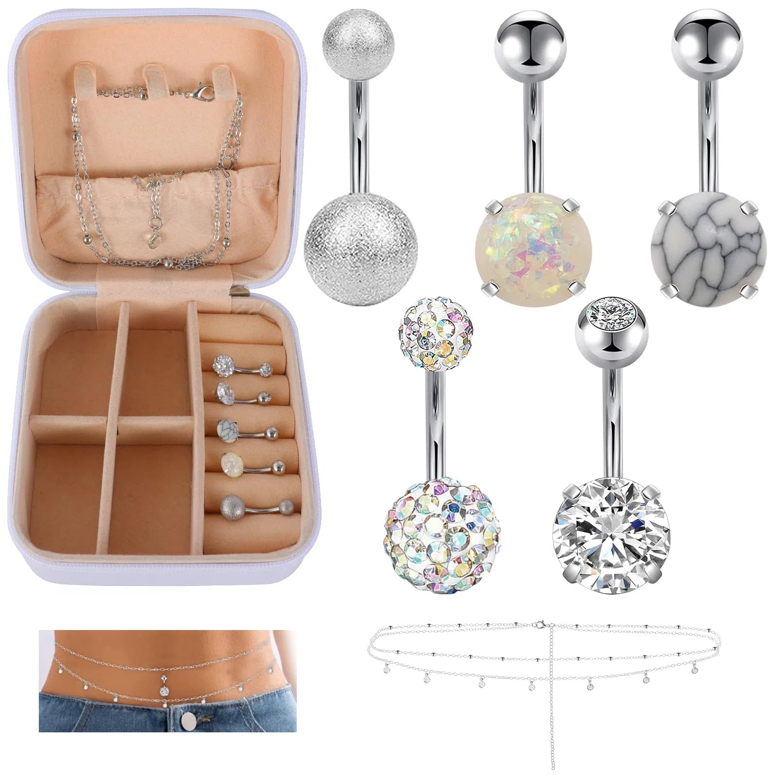 VINEST 5 Piezas Piercing Ombligo 8mm, 14G Piercing Ombligo Acero Quirurgico 316L con Perla Circonia Turquesa, Piercing Ombligo Plata con Cadena para El Vientre y Caja de Joyería