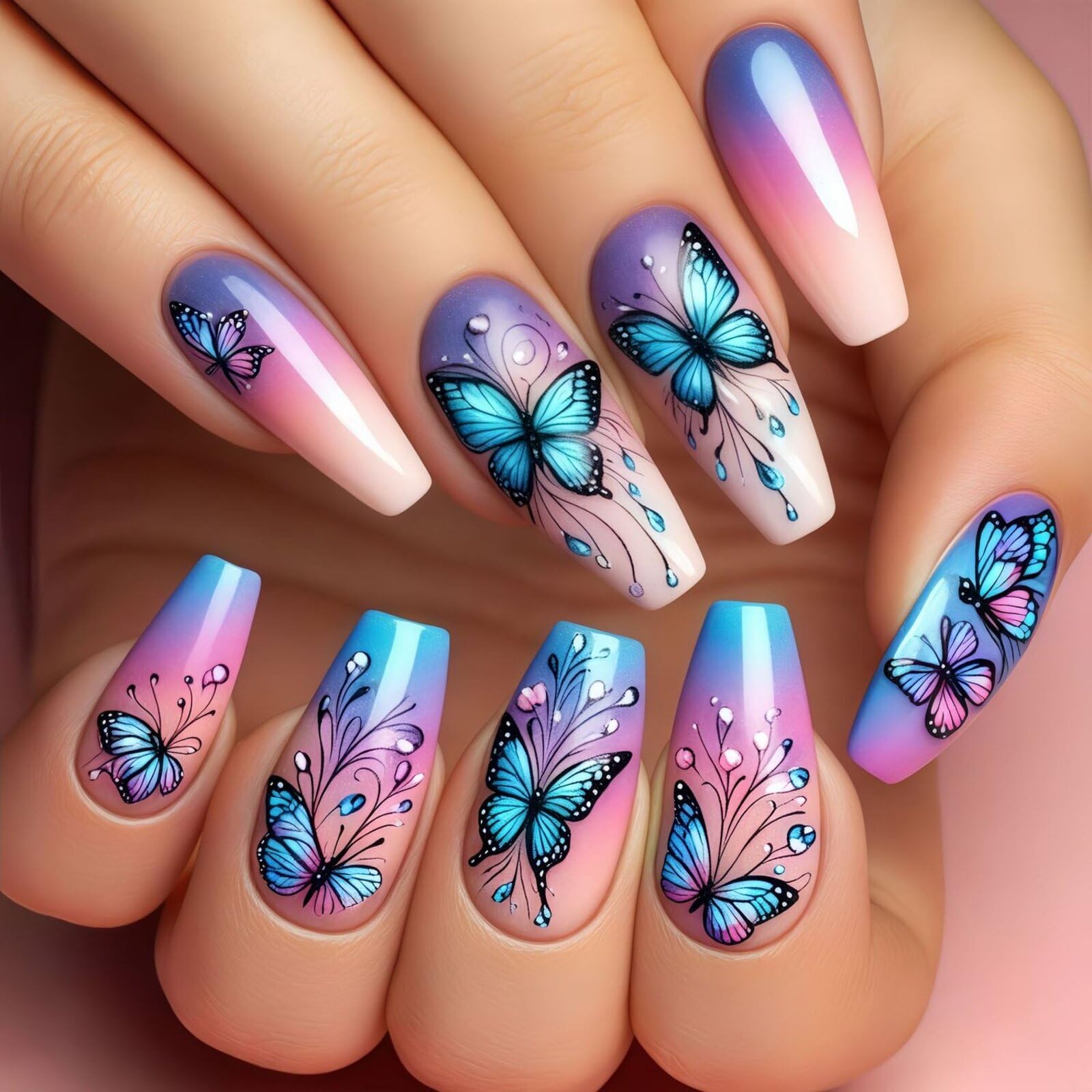 MIXFOSAHN Press on Nails Medium Coffin Fake Nails Pink Blue False Nails with Gradient Designs Butterfly Full Cover Stick on Nails Fake Nail Glue on