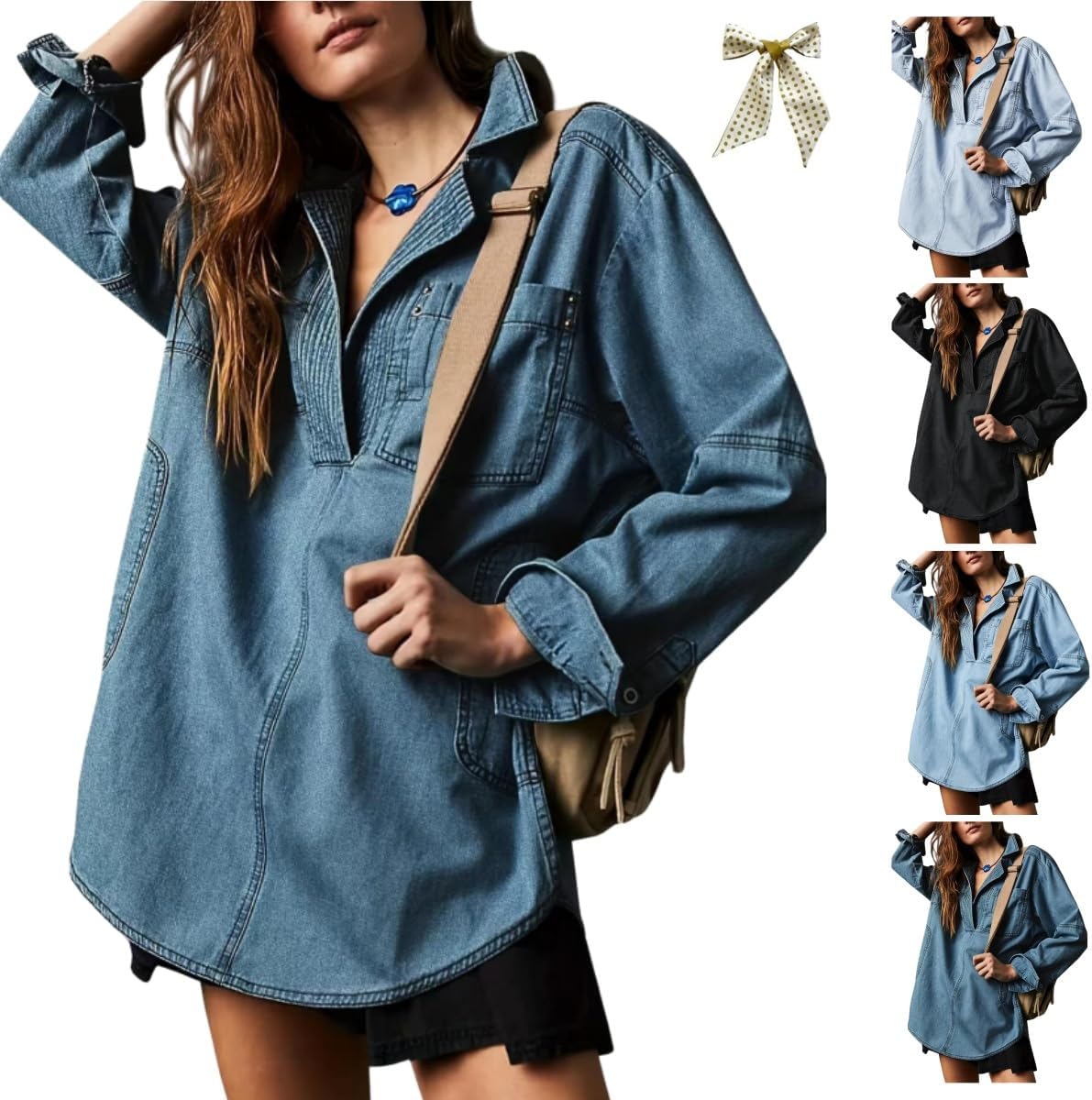 Women's Denim Pullover,Casual V Neck Long Sleeve Loose Fit Jean Jacket Blouse with Pocket,Lapel Comfy Oversized Denim Tops