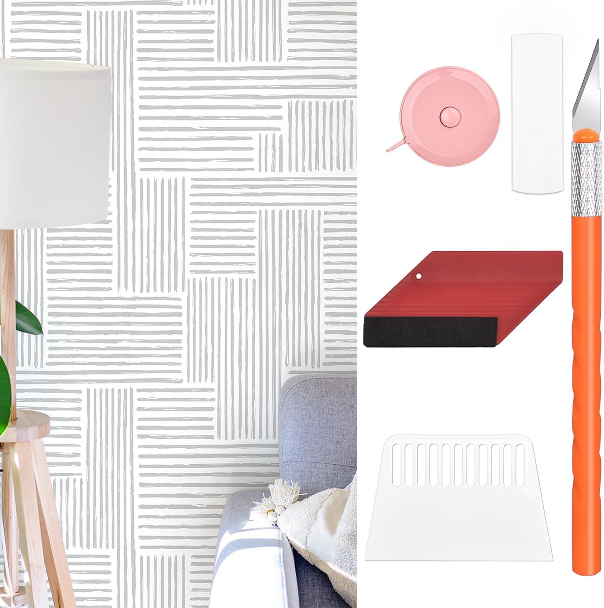 Naphite Grey Striped Modern Wallpaper 393inL +Wallpaper Smoothing Tool Kit