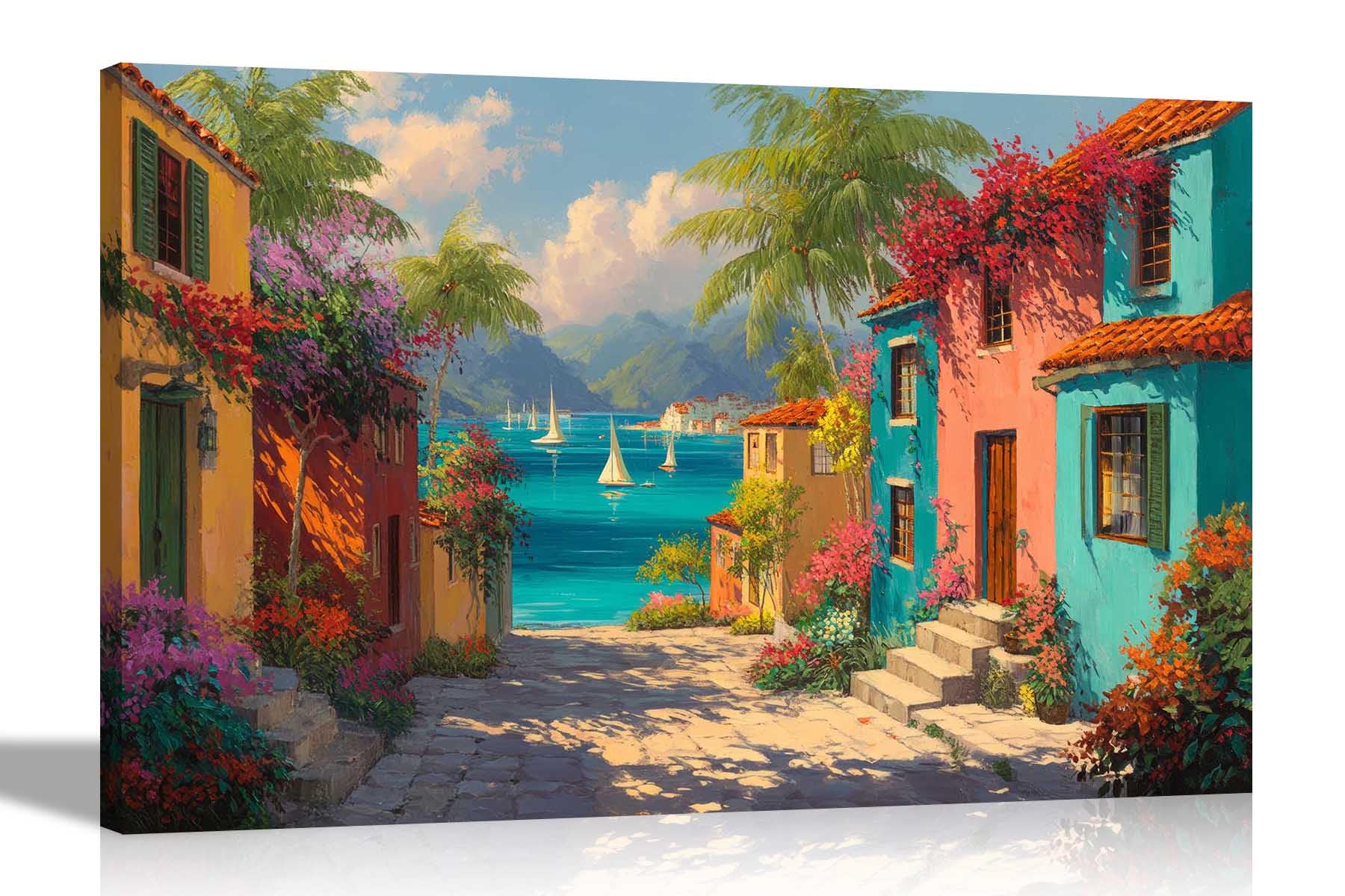 Artley Prints Caribbean Coastal Villiage - Ocean Landscape Canvas Wall Art Prints For Bedroom Hallway Living Room Home Large 86 X 61Cm (34 X 24 Inches) A1