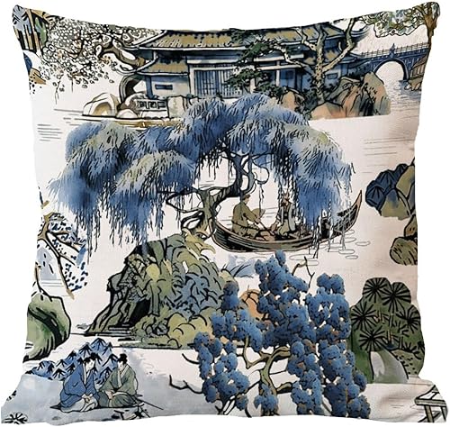Miniatura 6 de Fundas de almohada asiáticas escénicas europeas chinoiserie, funda de almohada asiática, color azul y verde Kelly, funda de cojín de 18 x 18