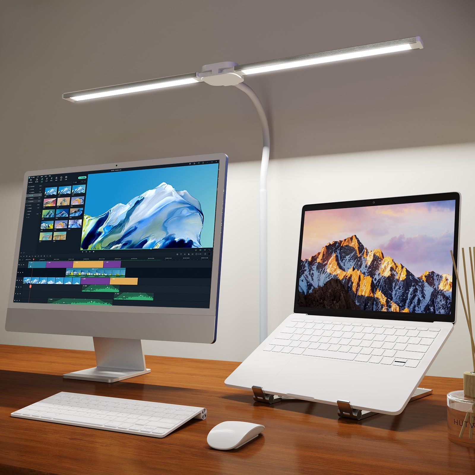 JSOT Desk Lamp for Office Home - Clip Desk Light, Adjustable Double Head LED Table Lamp Light with USB Charging Port for Kids Dorm Piano Workbench Drafting Reading Study (Silver)