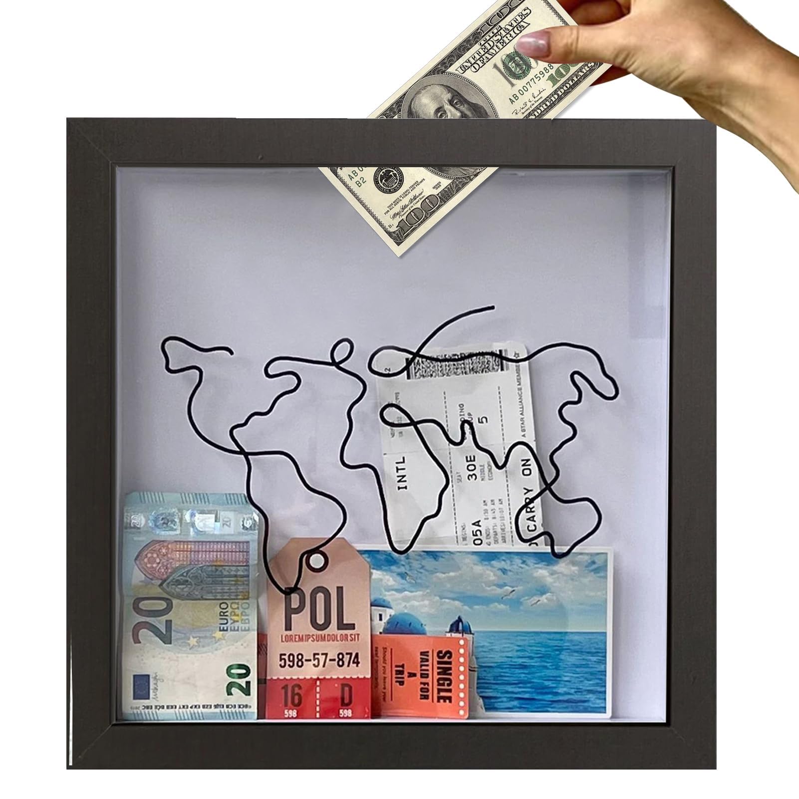 Scatola Porta Biglietti Da Viaggio Adventure - Cornice In Legno Bianco 20x20 Cm, Con Gancio, Per Conservare Ricordi - 4